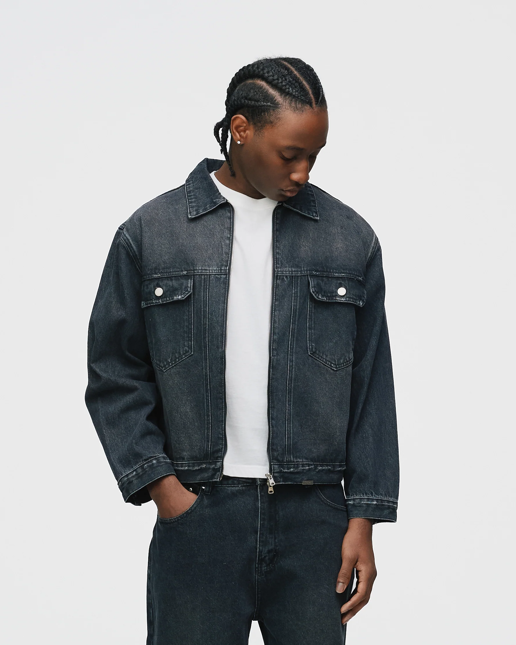 Denim Zip Jacket - Washed Black