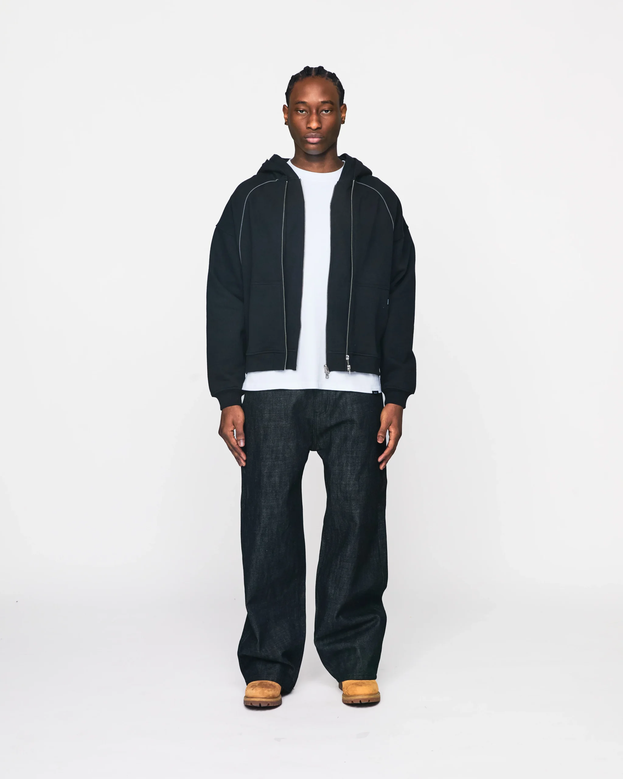 Double Layer Zip Hoodie - Black