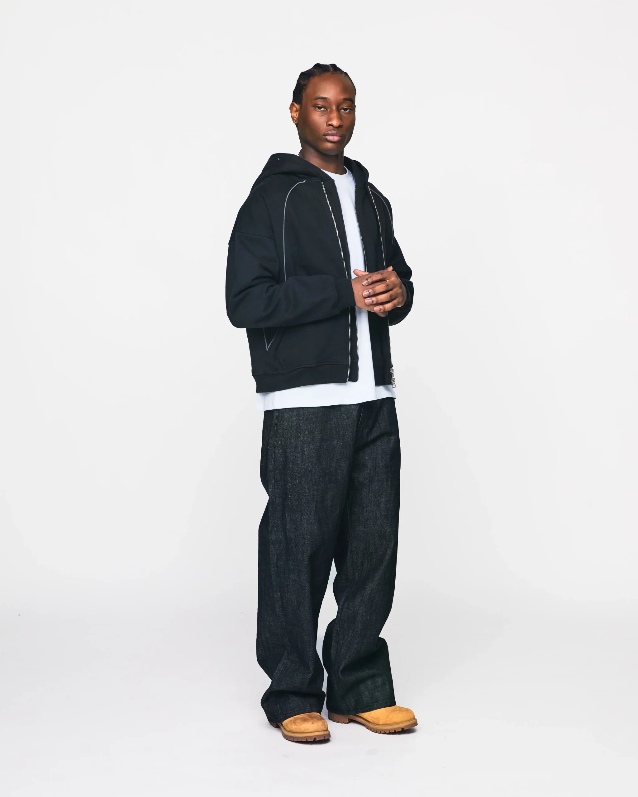 Double Layer Zip Hoodie - Black