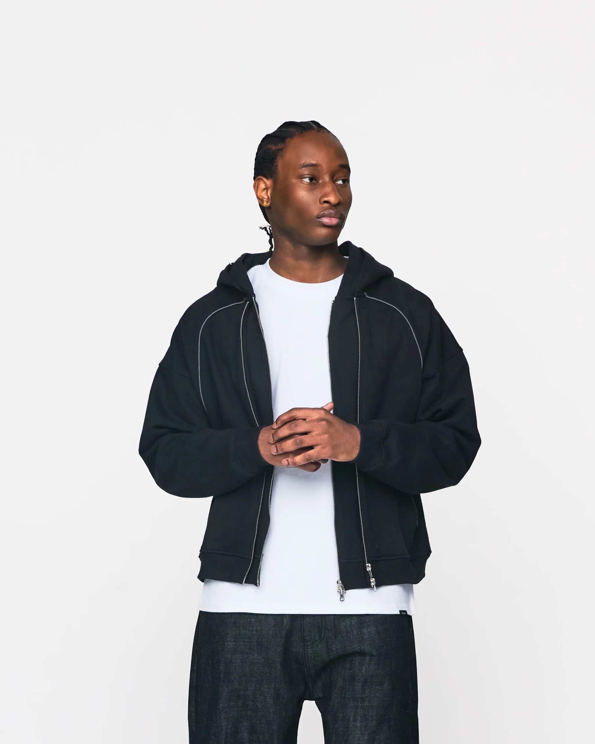 Double Layer Zip Hoodie - Black