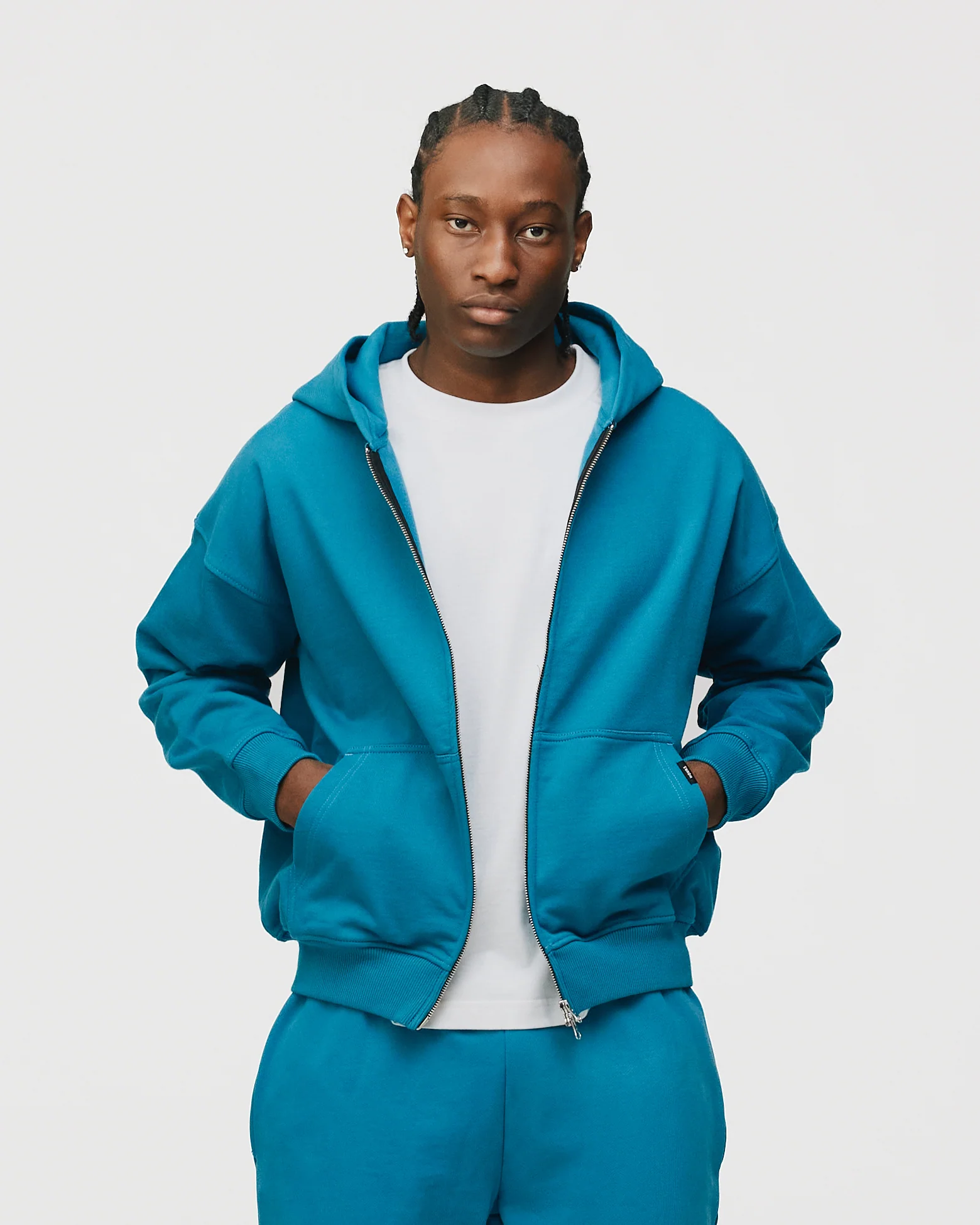 Drop Shoulder Zip Hoodie - Aqua