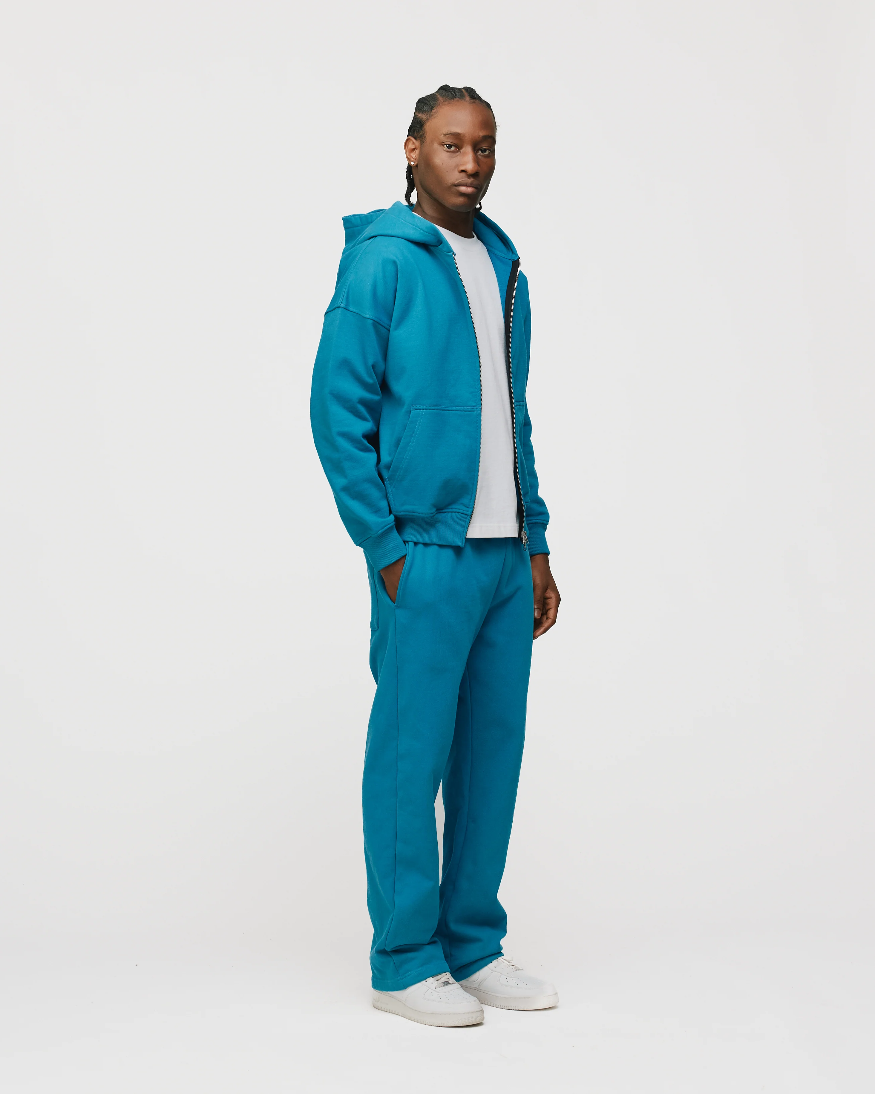 Drop Shoulder Zip Hoodie - Aqua