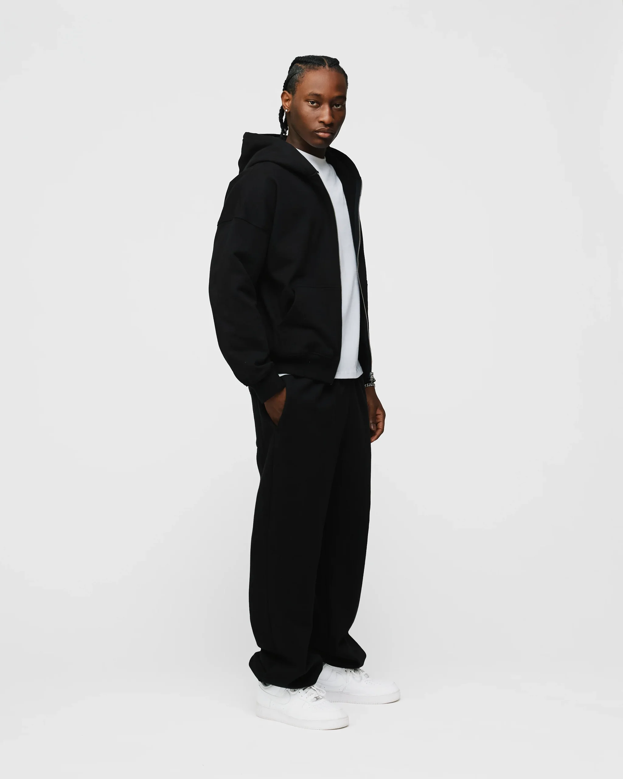 Drop Shoulder Zip Hoodie - Black