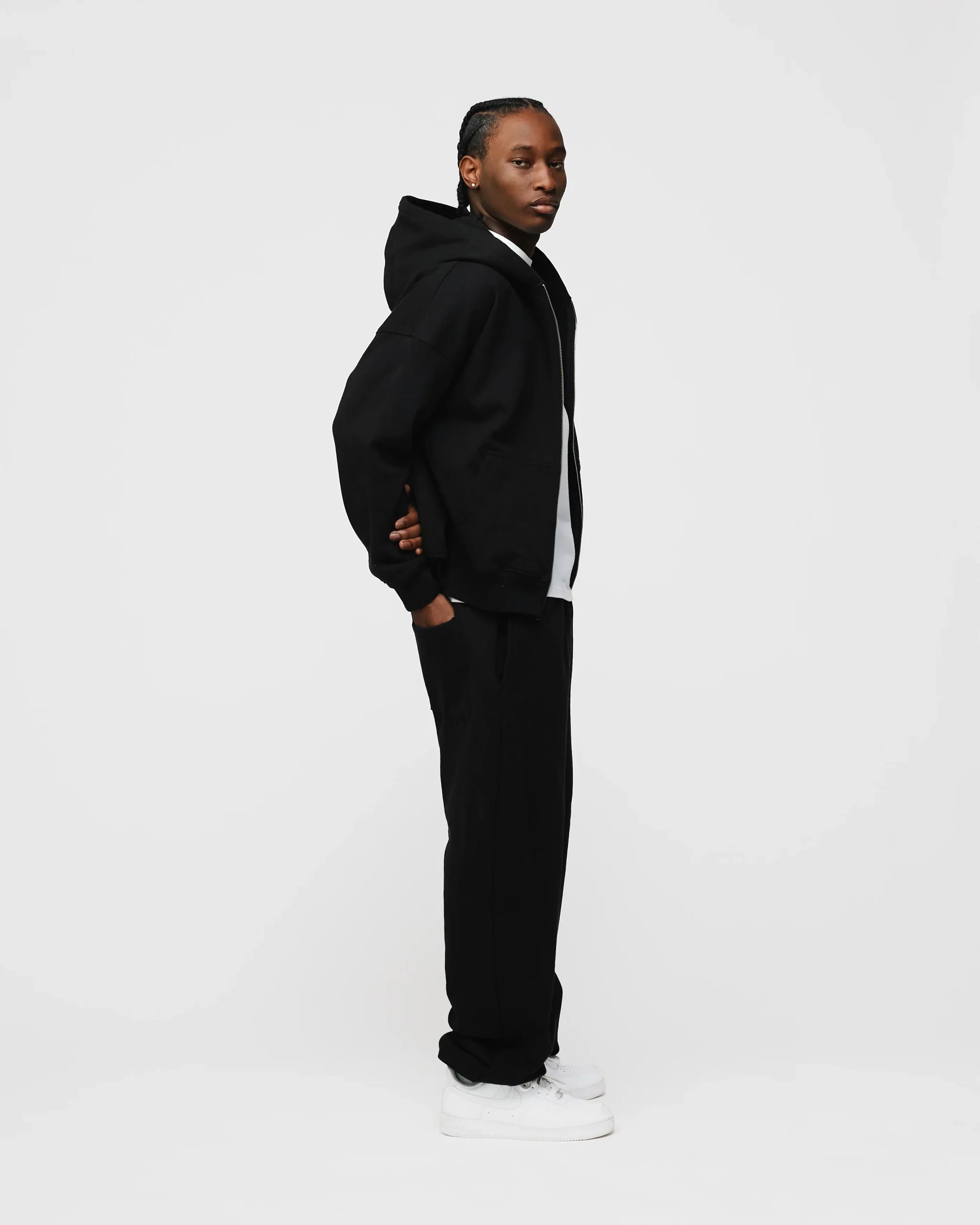 Drop Shoulder Zip Hoodie - Black