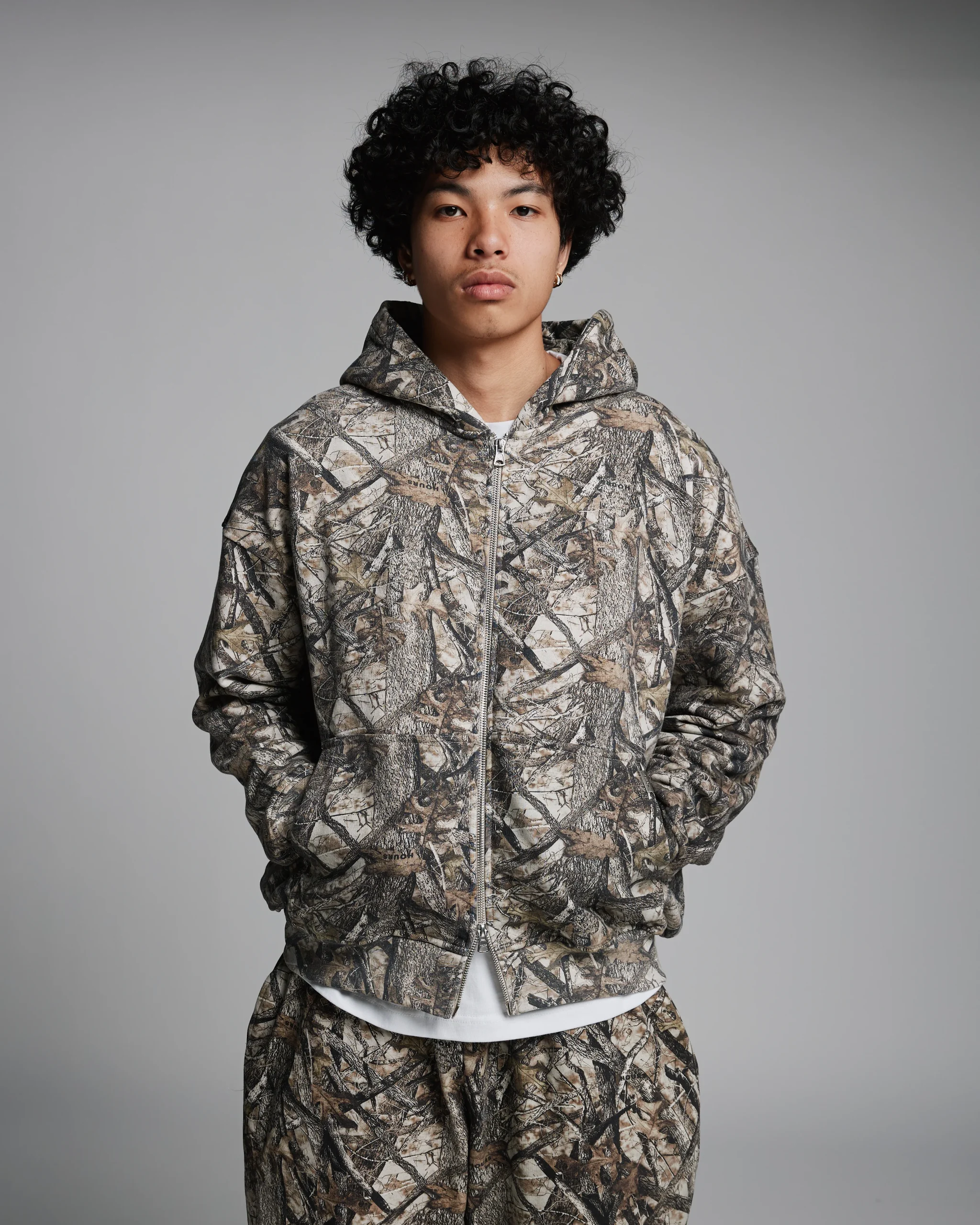 Drop Shoulder Zip Hoodie - Camo