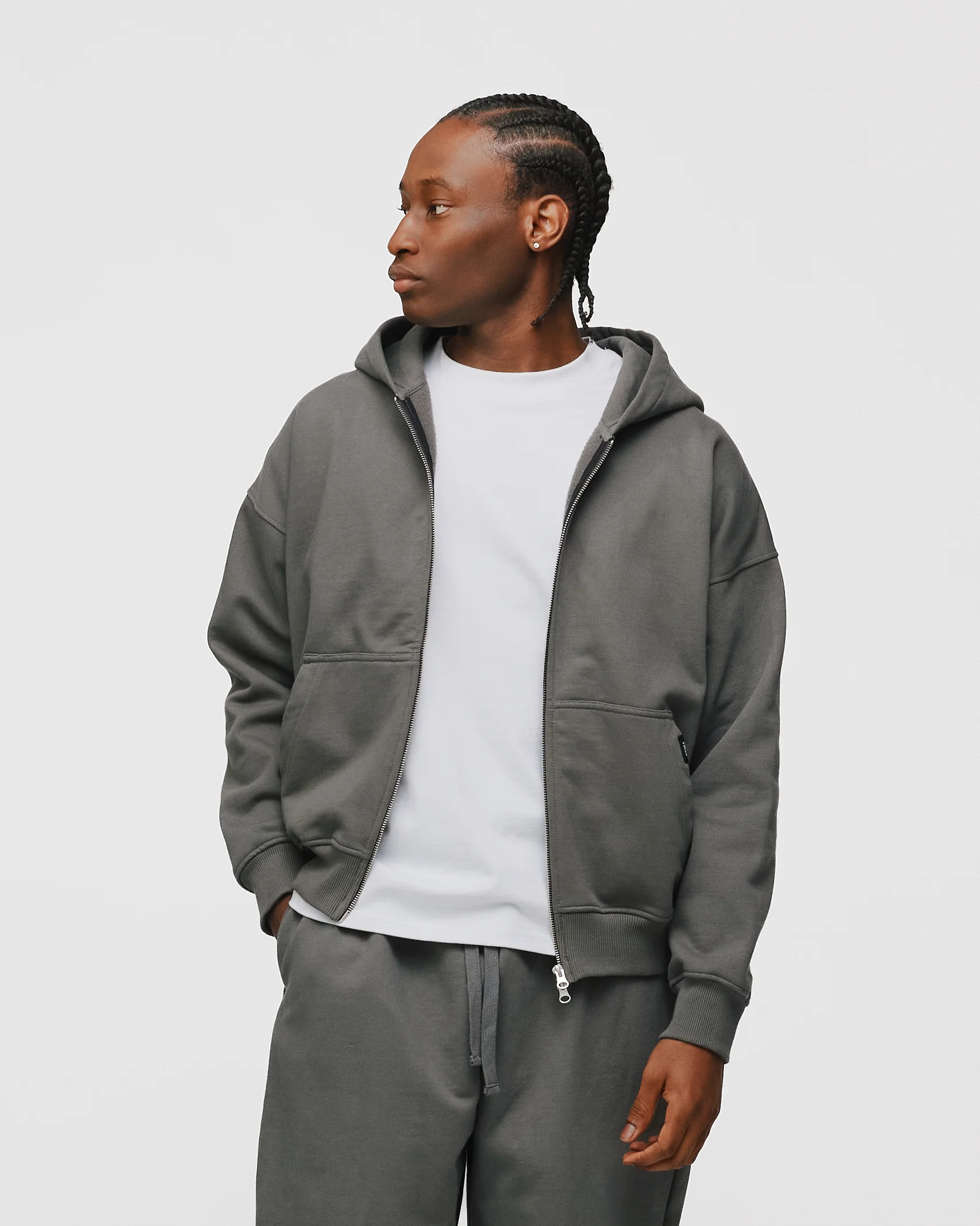 Drop Shoulder Zip Hoodie - Charcoal