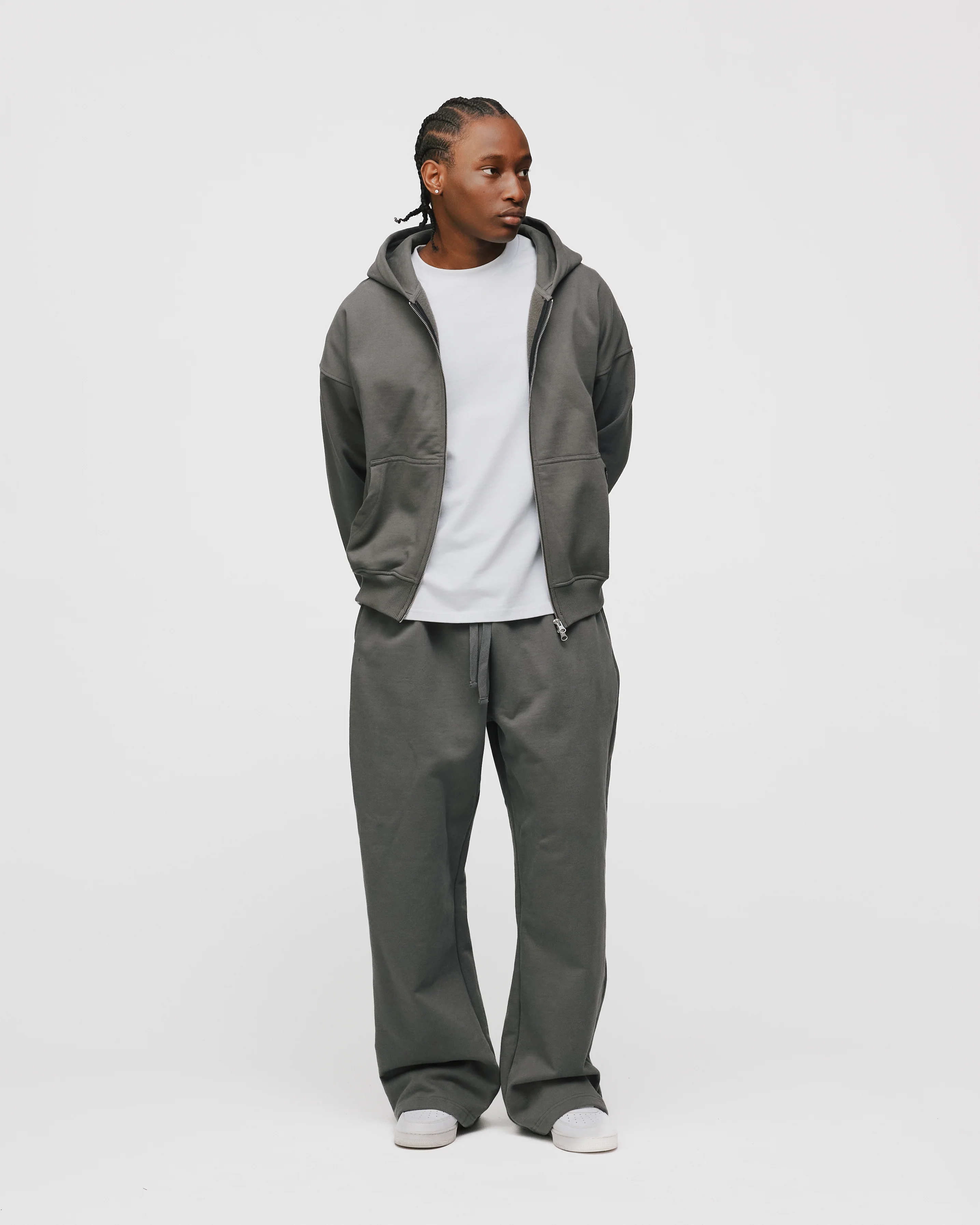 Drop Shoulder Zip Hoodie - Charcoal