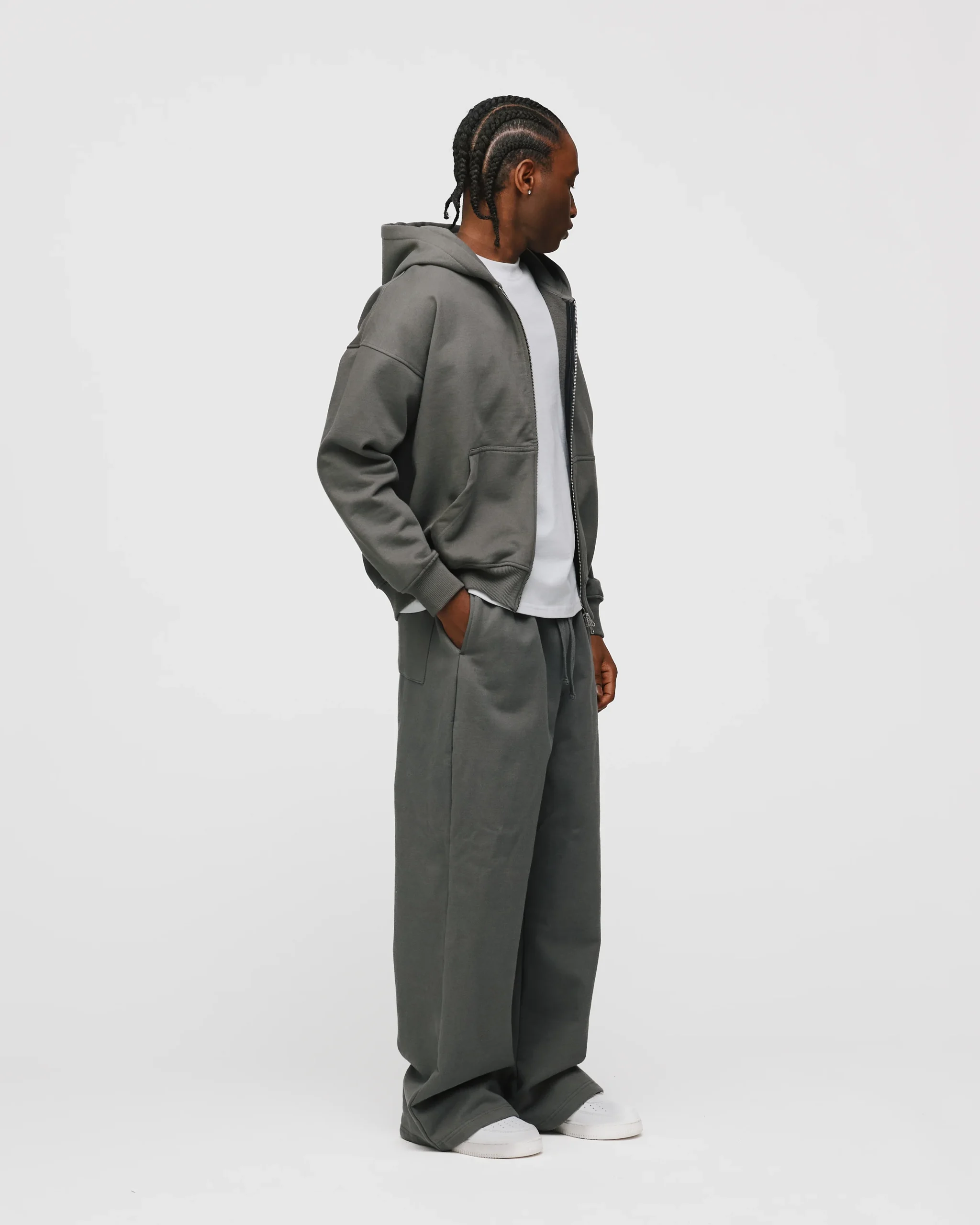 Drop Shoulder Zip Hoodie - Charcoal