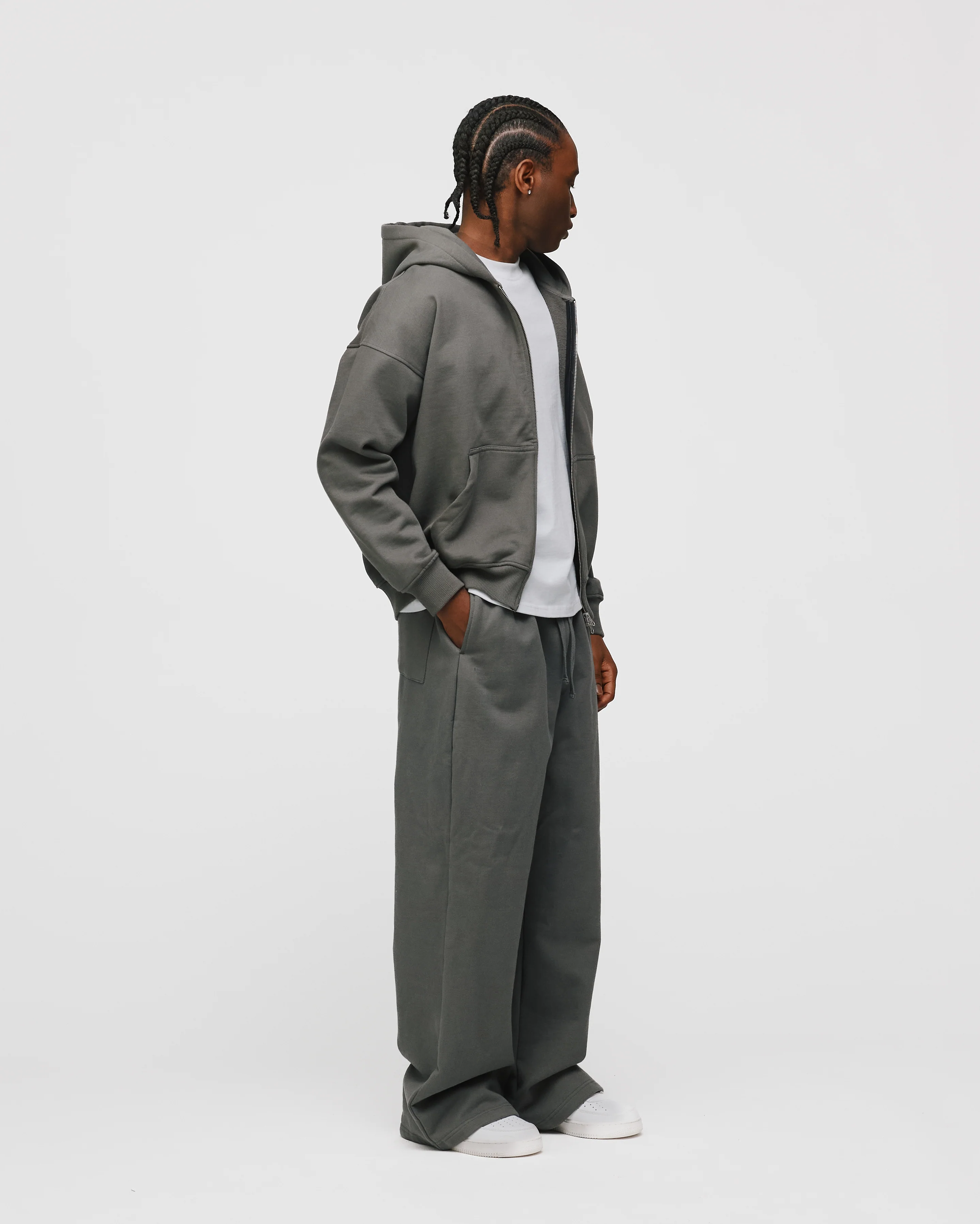 Drop Shoulder Zip Hoodie - Charcoal