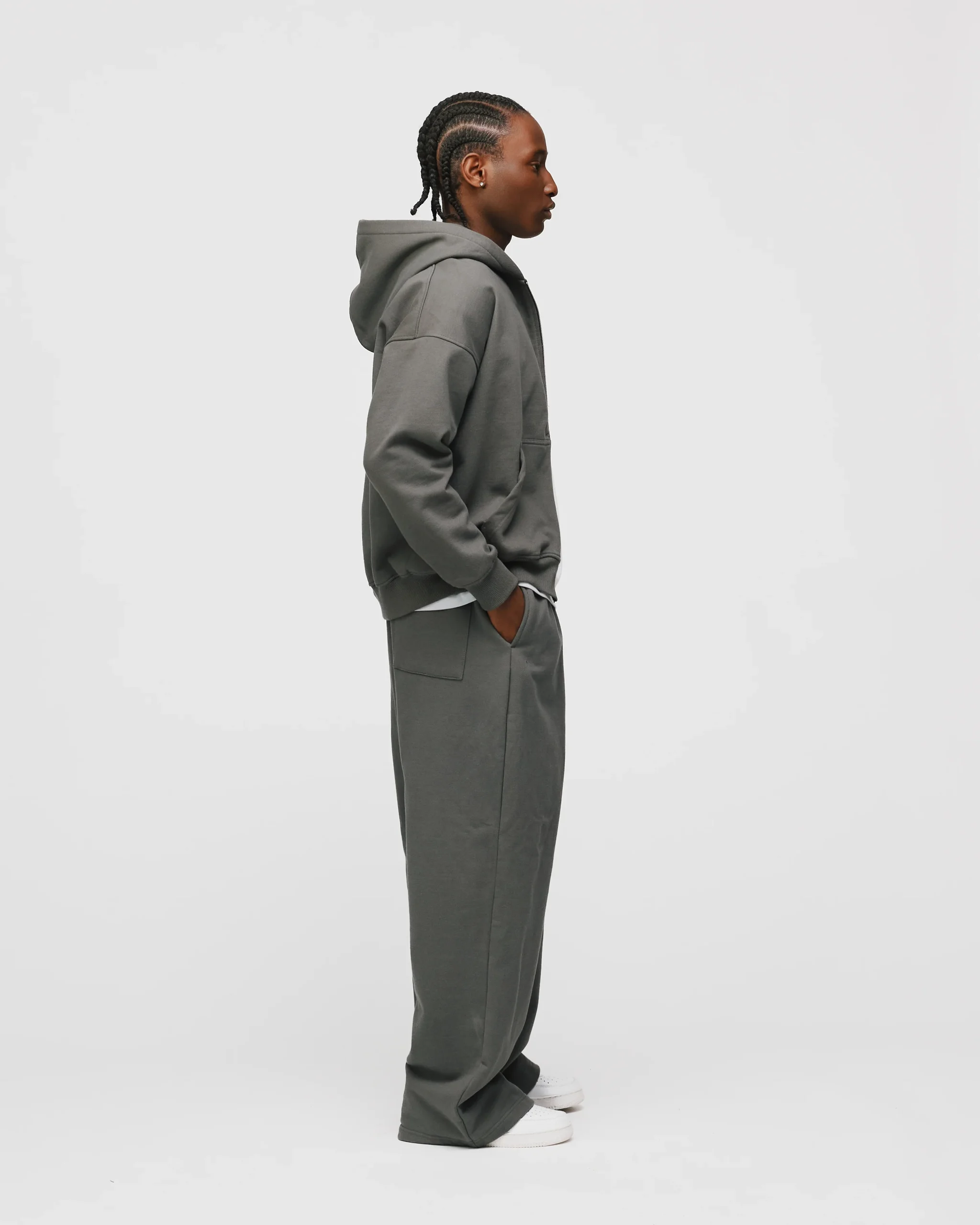 Drop Shoulder Zip Hoodie - Charcoal