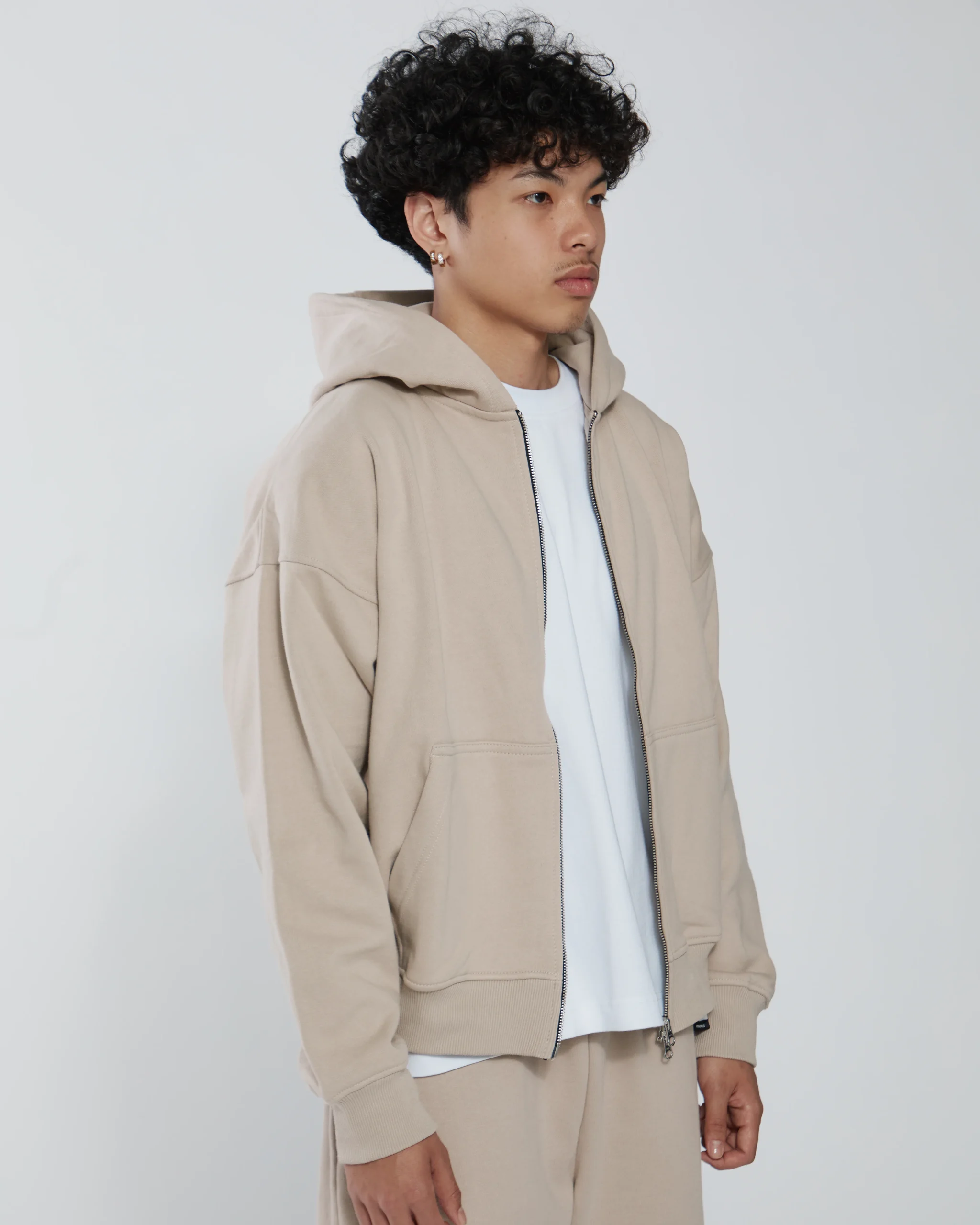 Drop Shoulder Zip Hoodie - Desert