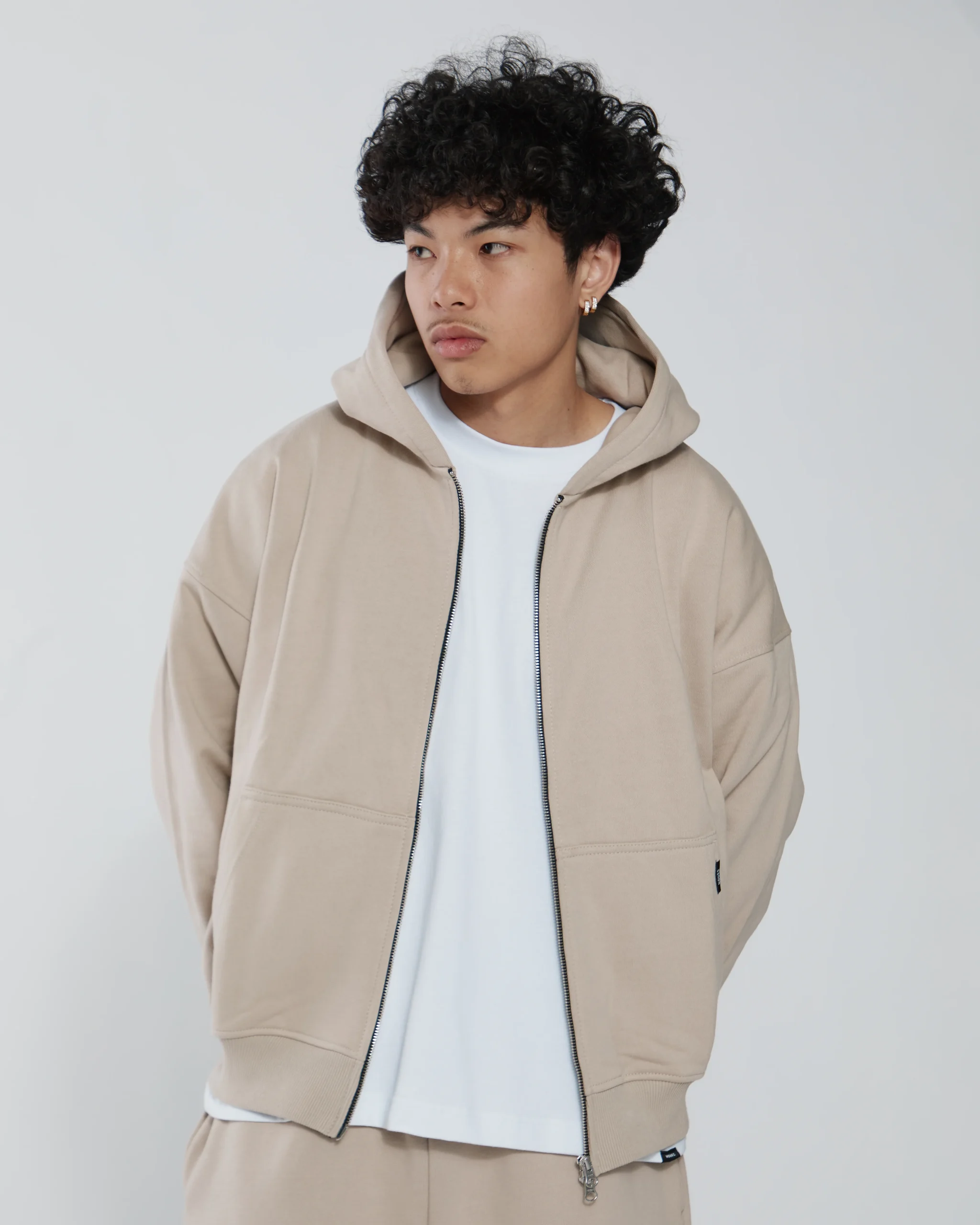 Drop Shoulder Zip Hoodie - Desert