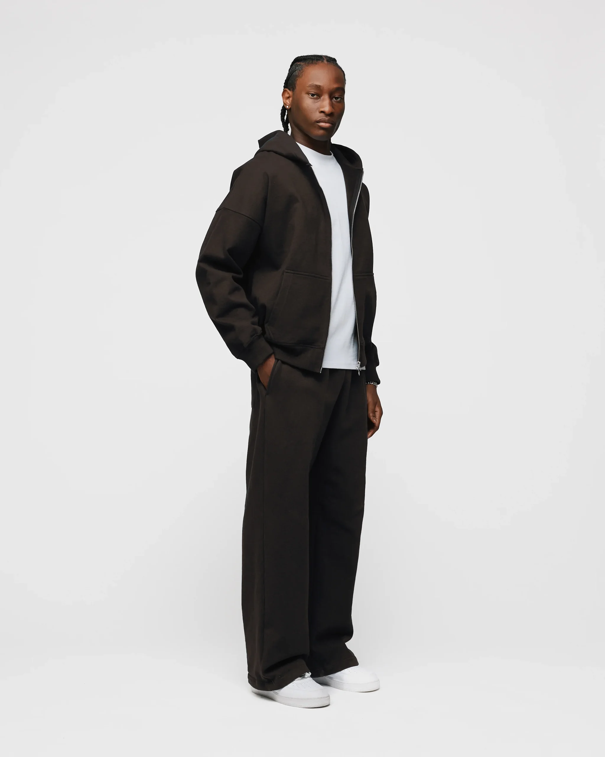 Drop Shoulder Zip Hoodie - Espresso