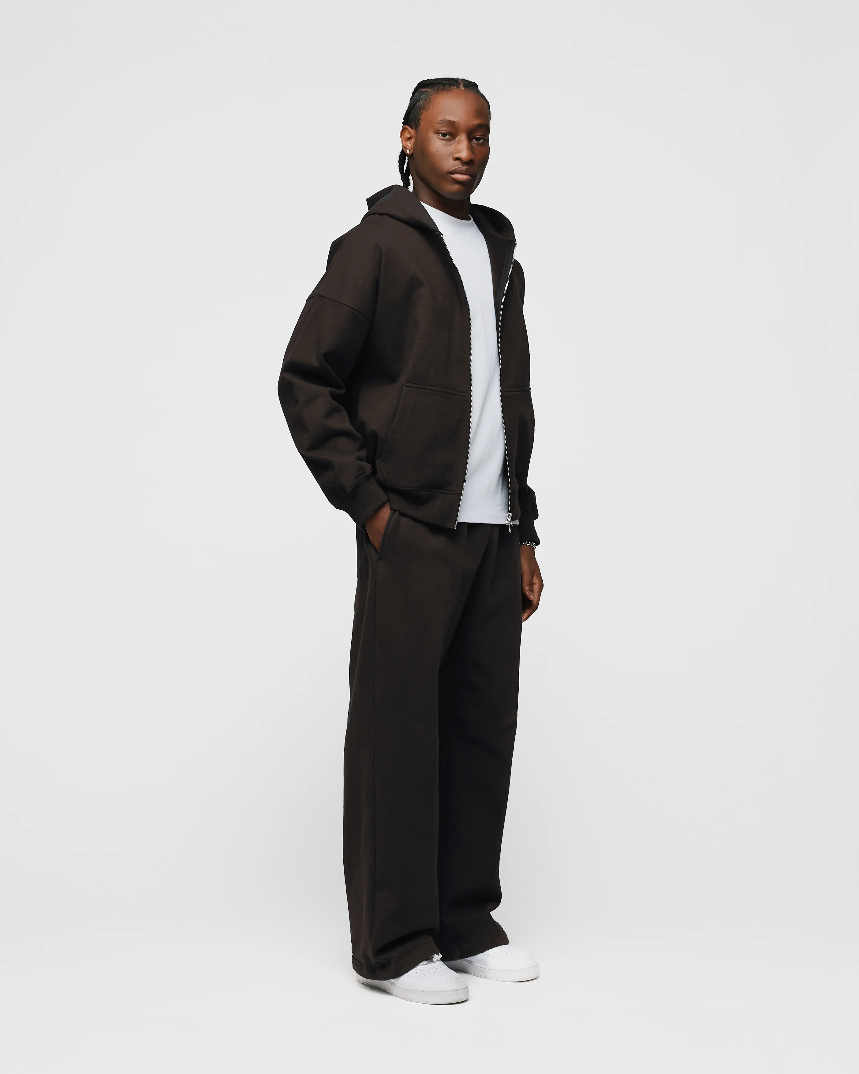 Drop Shoulder Zip Hoodie - Espresso