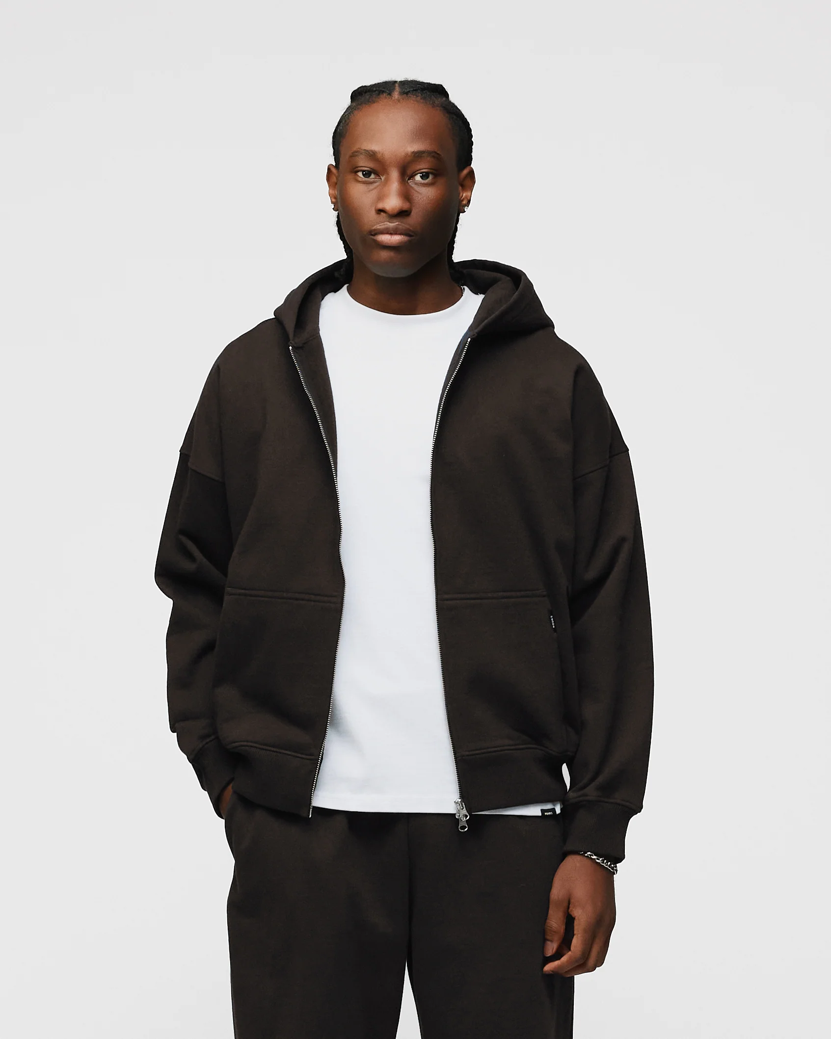 Drop Shoulder Zip Hoodie - Espresso