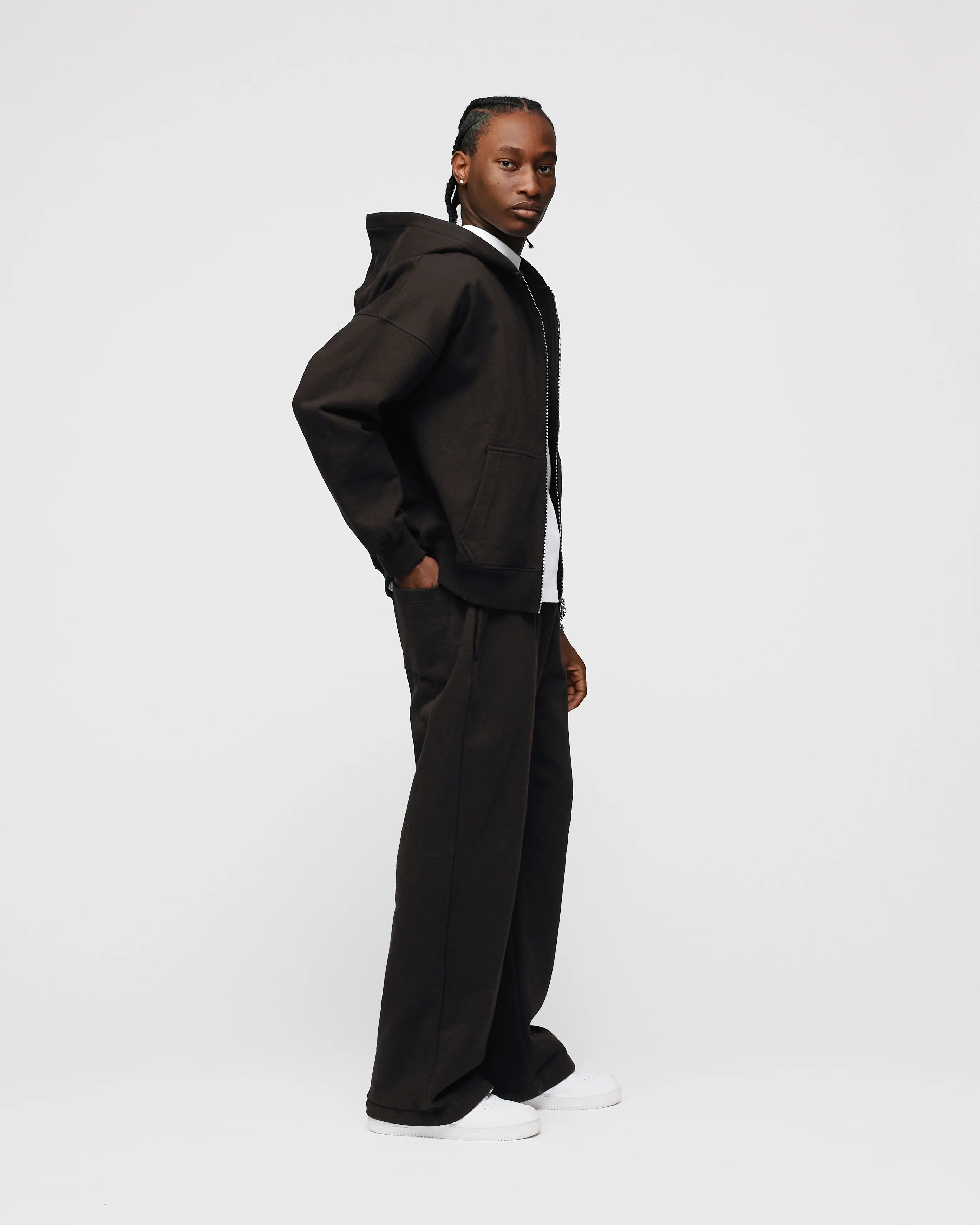 Drop Shoulder Zip Hoodie - Espresso