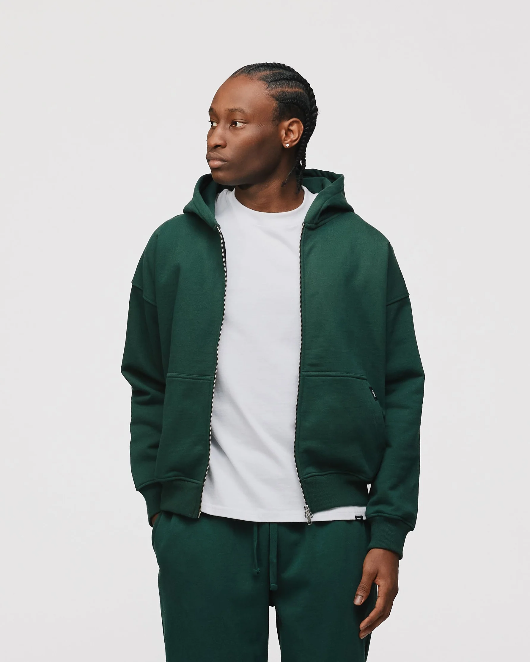 Drop Shoulder Zip Hoodie - Forest Green