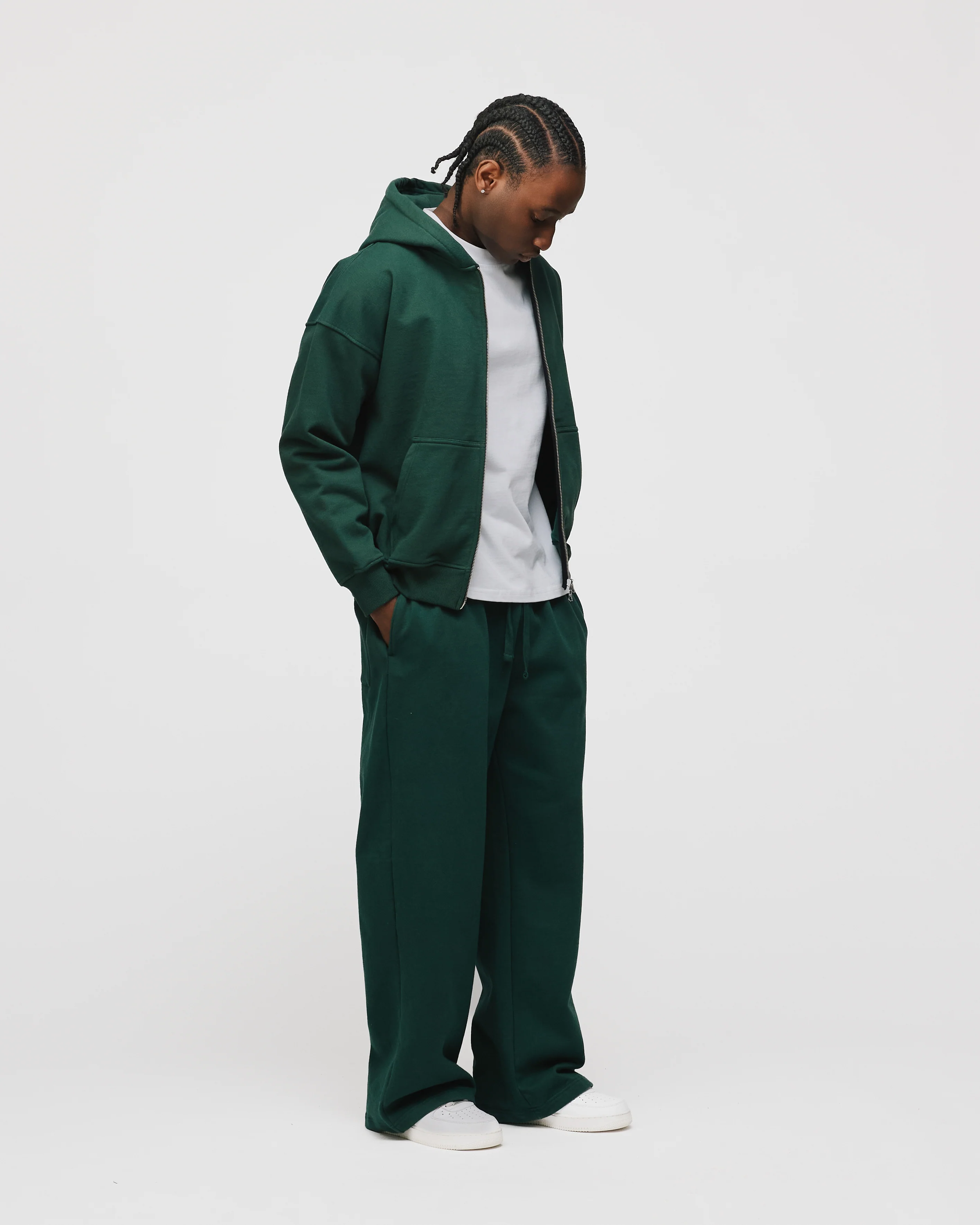 Drop Shoulder Zip Hoodie - Forest Green