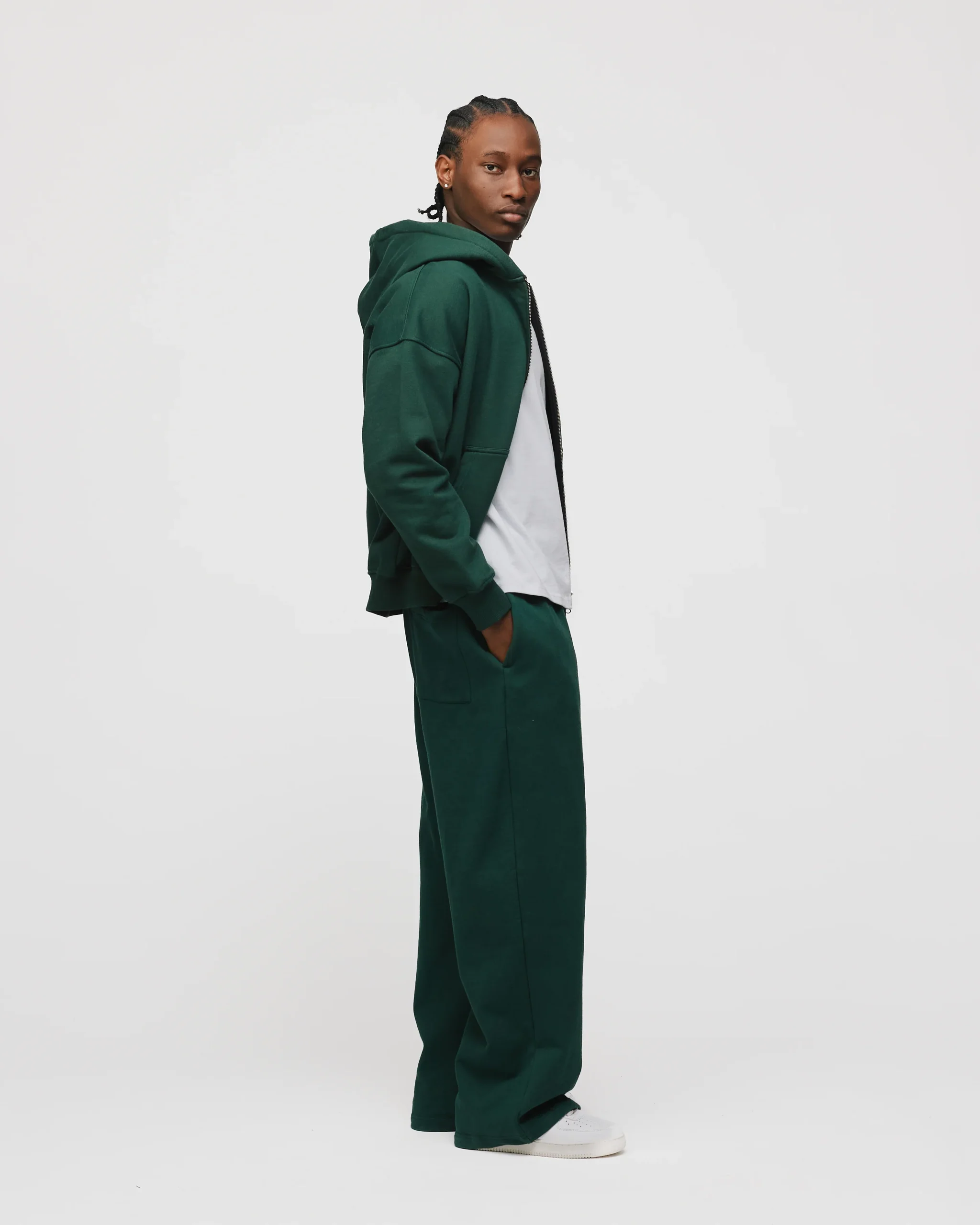 Drop Shoulder Zip Hoodie - Forest Green