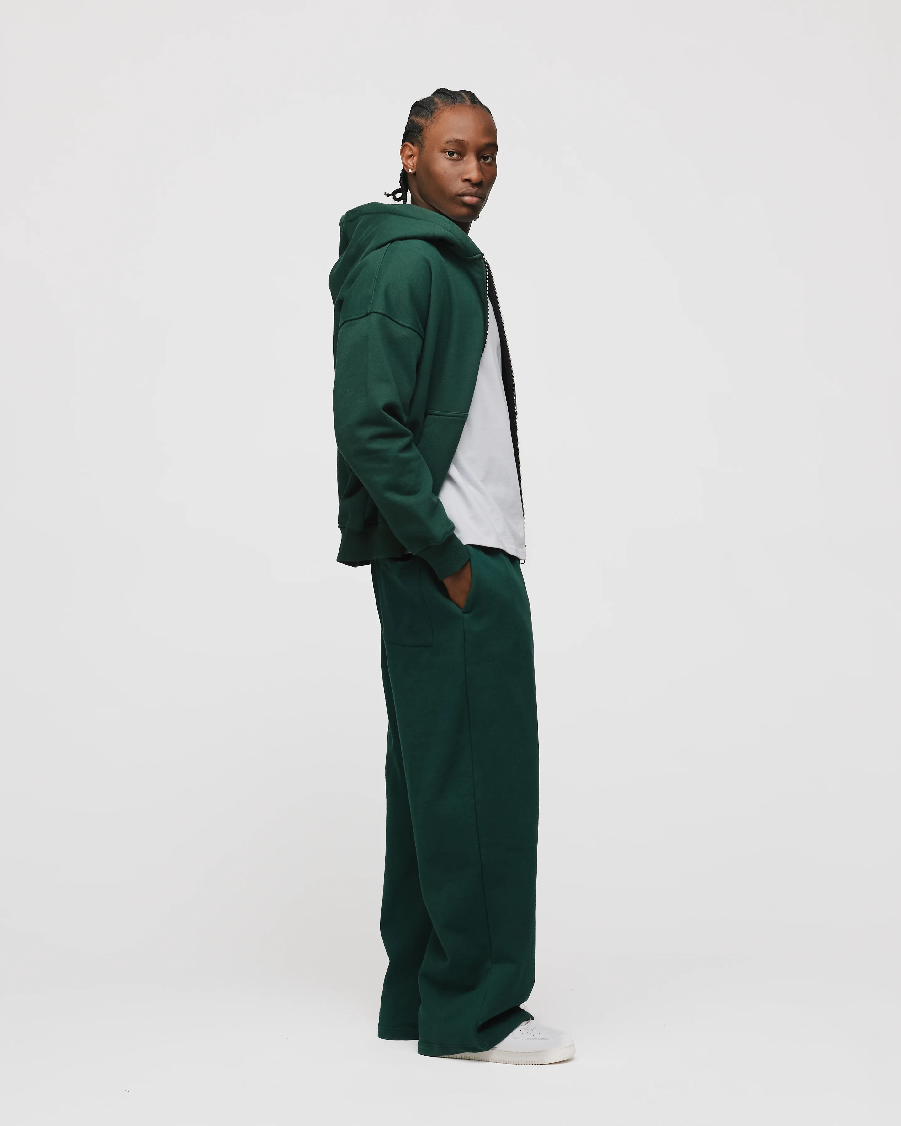 Drop Shoulder Zip Hoodie - Forest Green