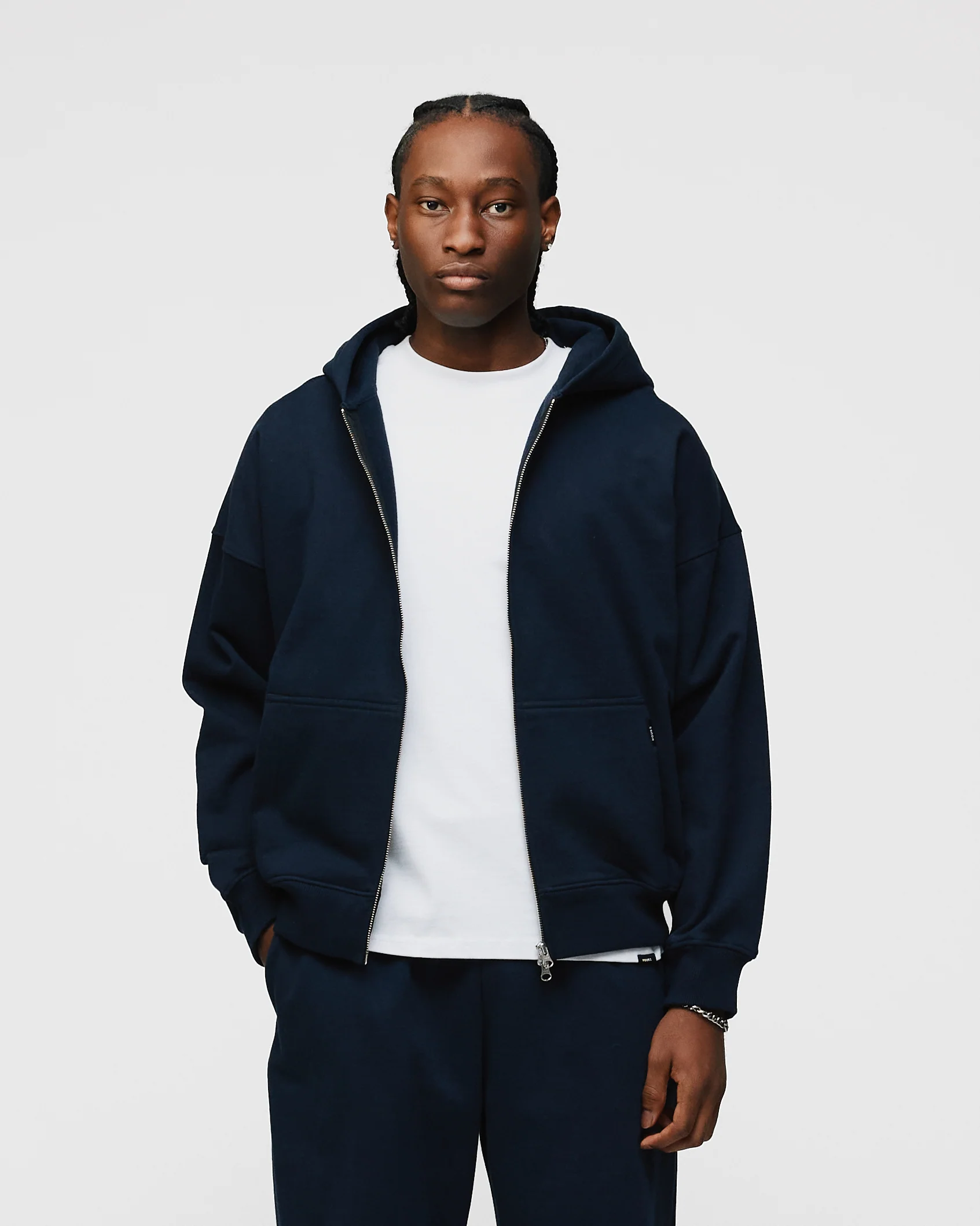 Drop Shoulder Zip Hoodie - Navy
