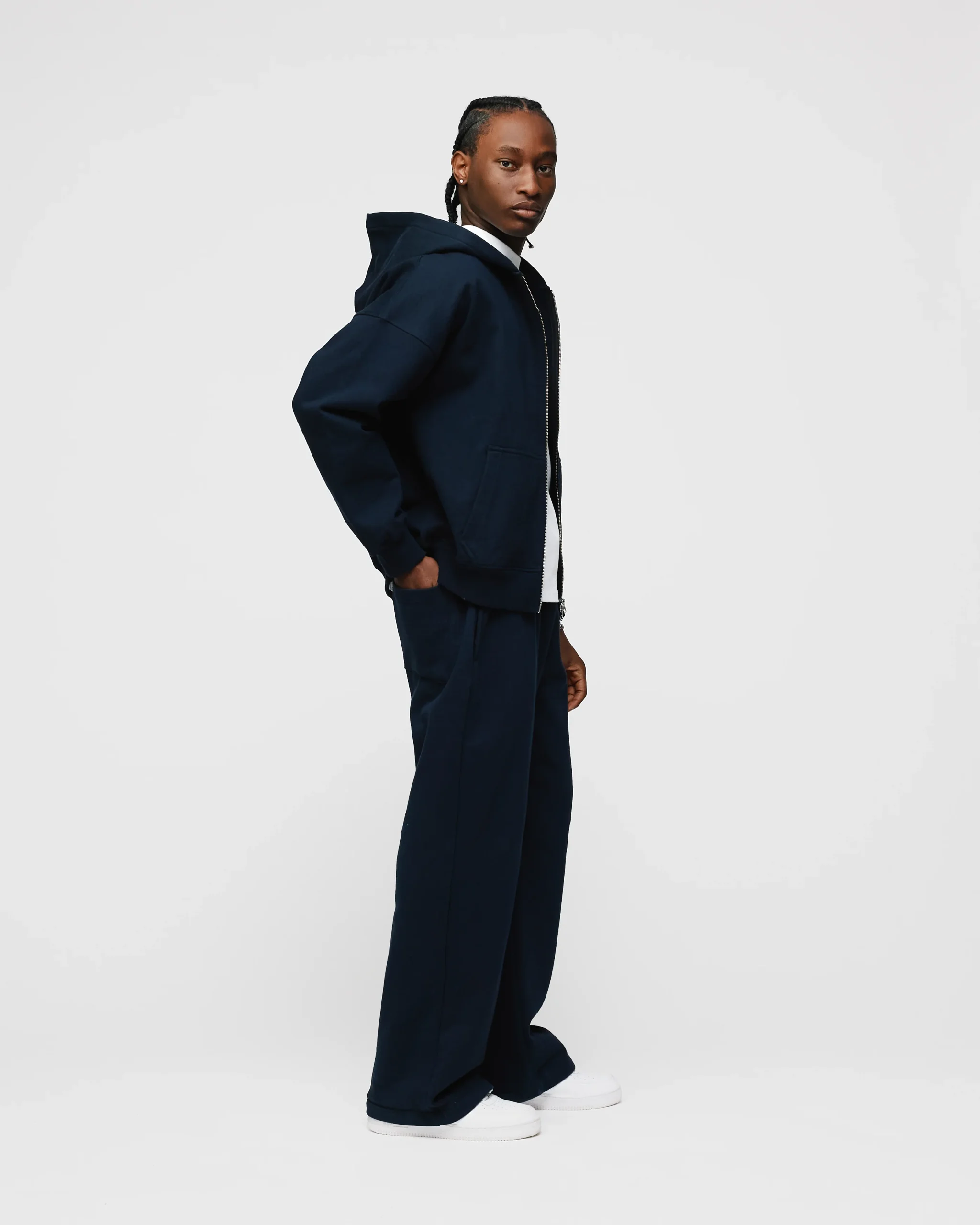 Drop Shoulder Zip Hoodie - Navy