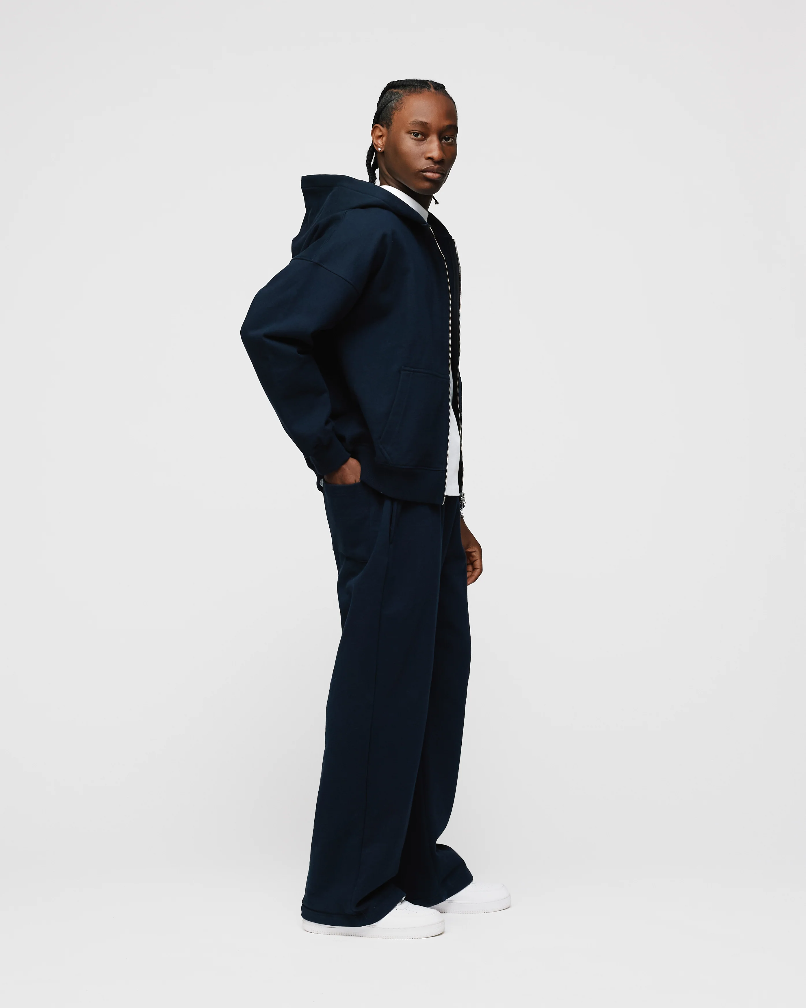 Drop Shoulder Zip Hoodie - Navy