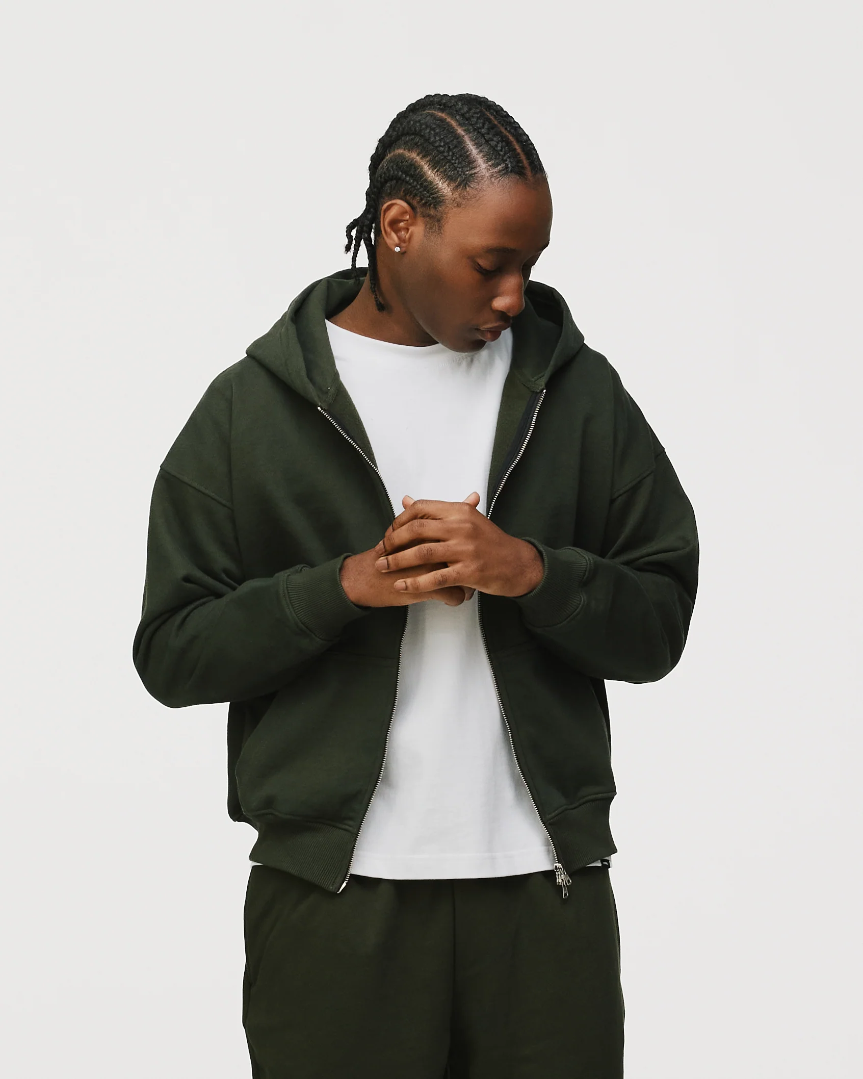 Drop Shoulder Zip Hoodie - Olive
