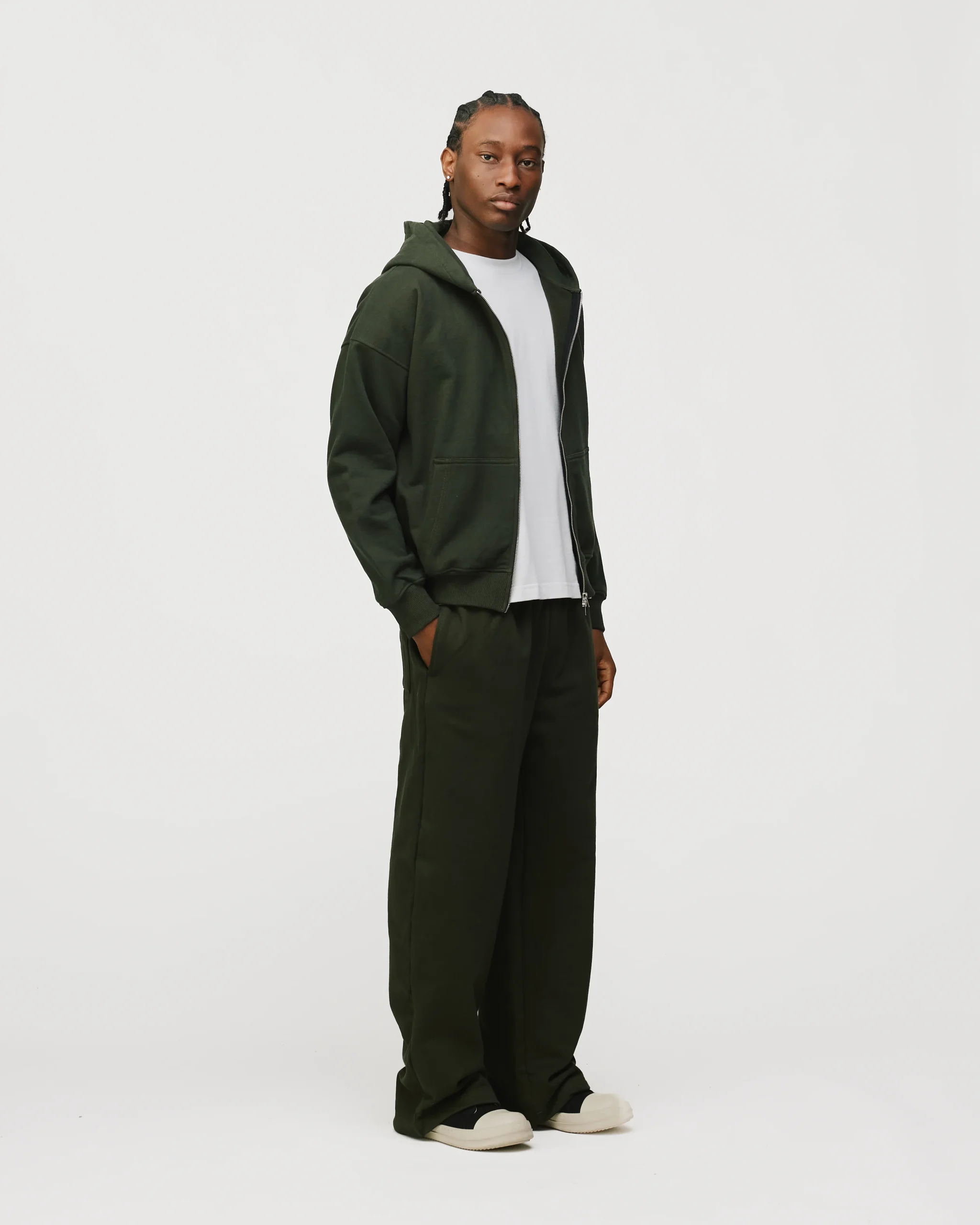 Drop Shoulder Zip Hoodie - Olive