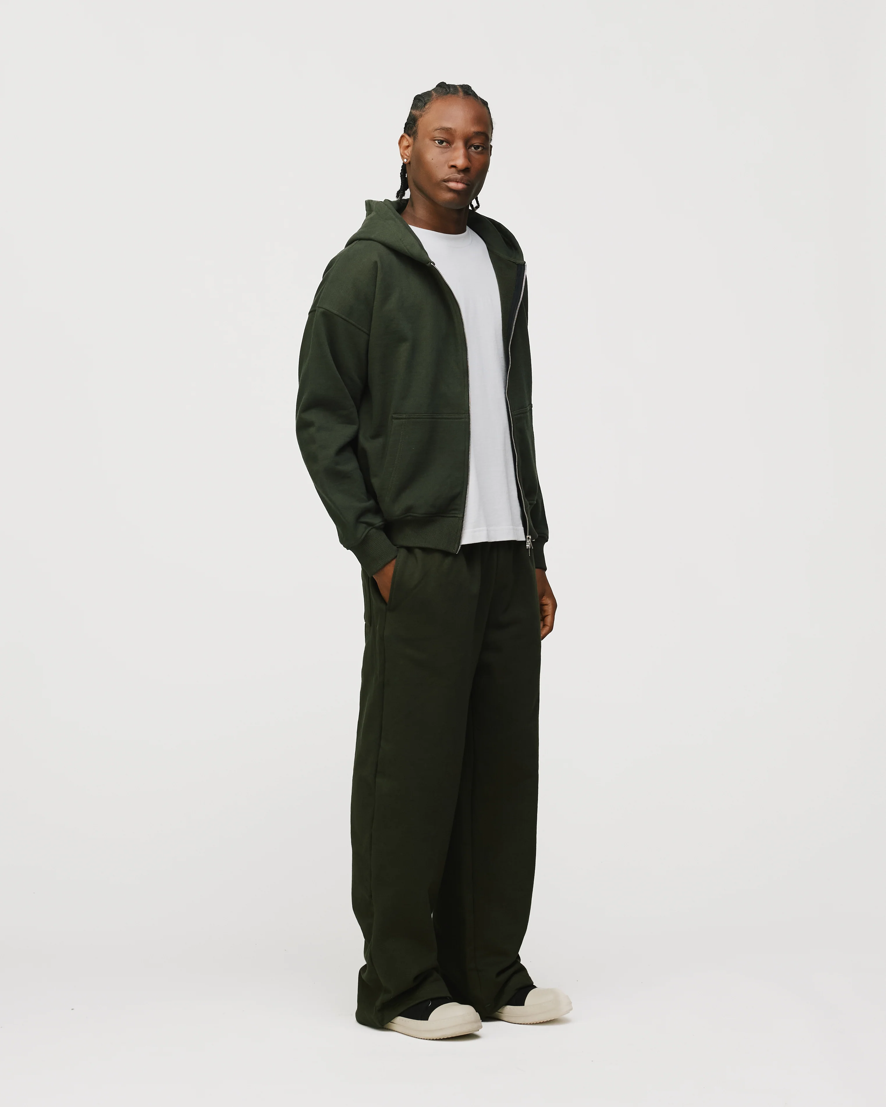 Drop Shoulder Zip Hoodie - Olive