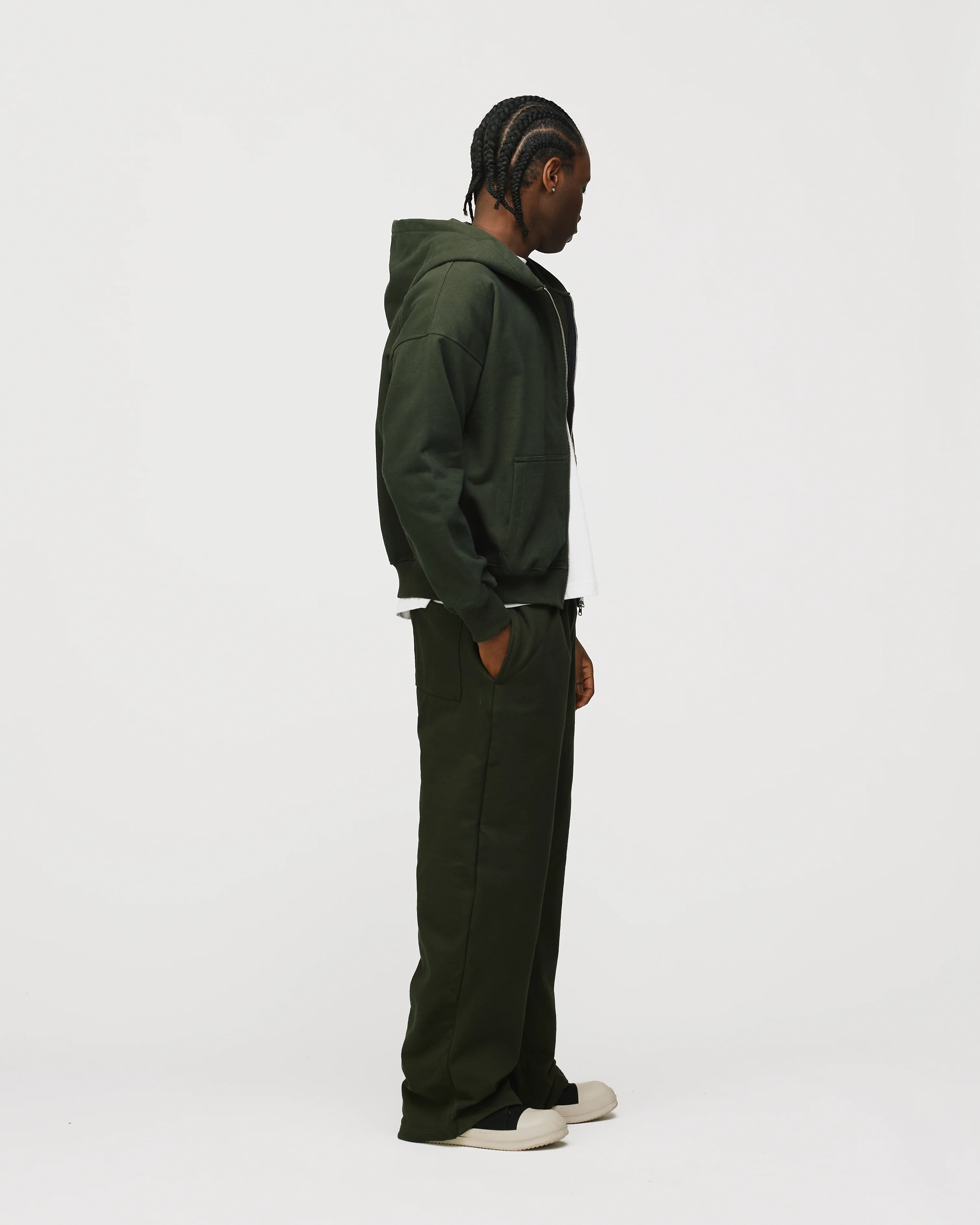 Drop Shoulder Zip Hoodie - Olive