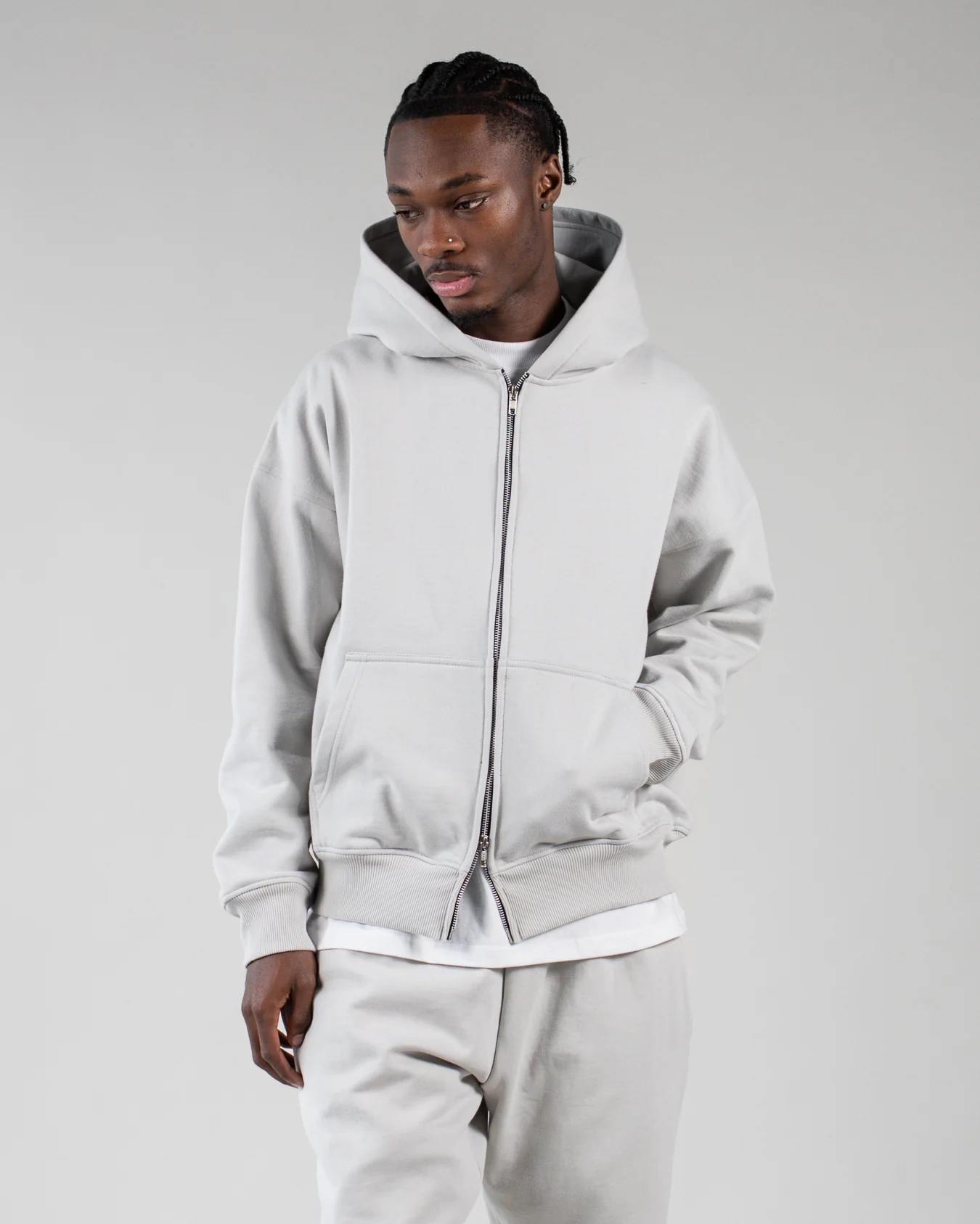 Drop Shoulder Zip Hoodie - Stone