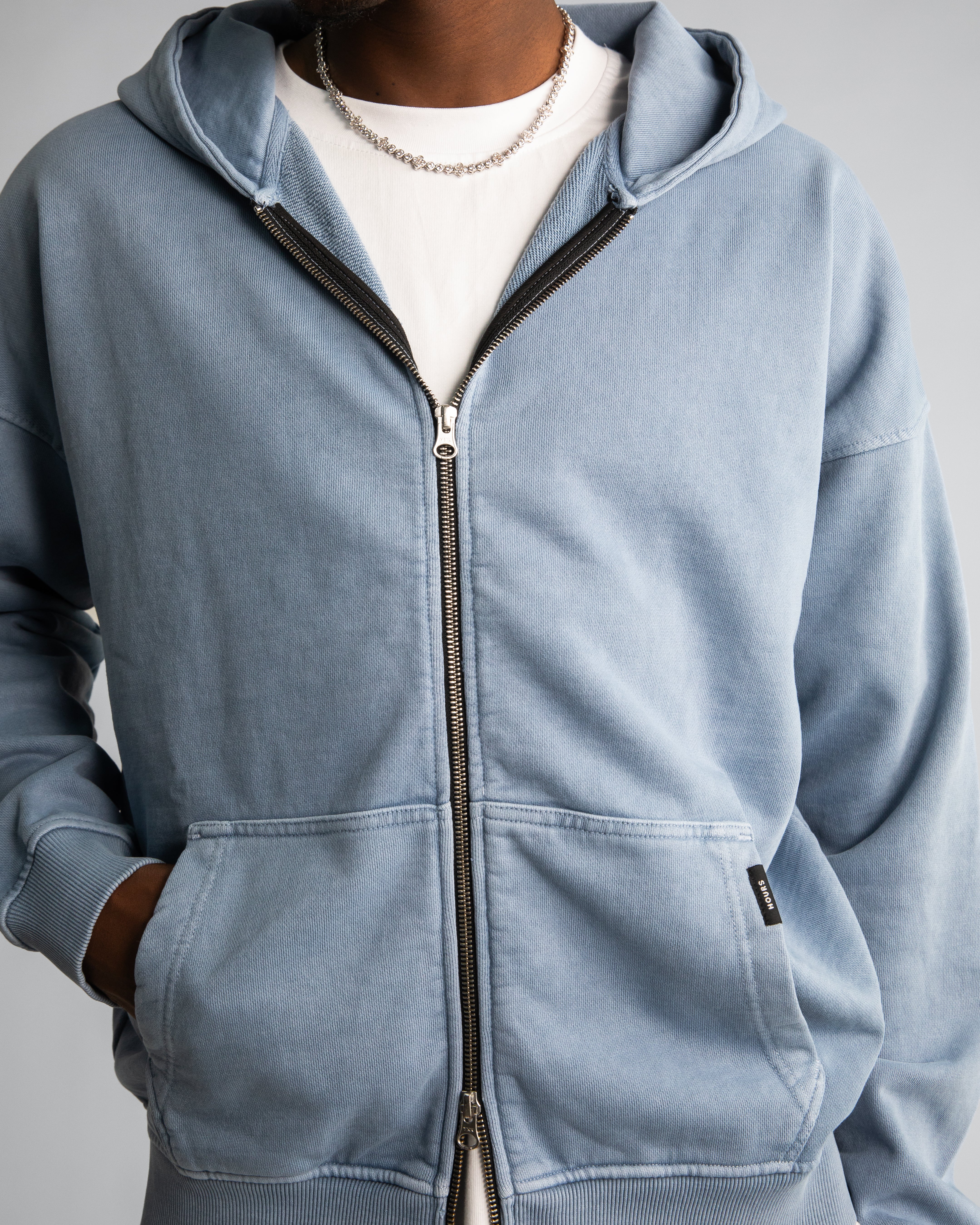 Drop Shoulder Zip Hoodie - Vintage Blue