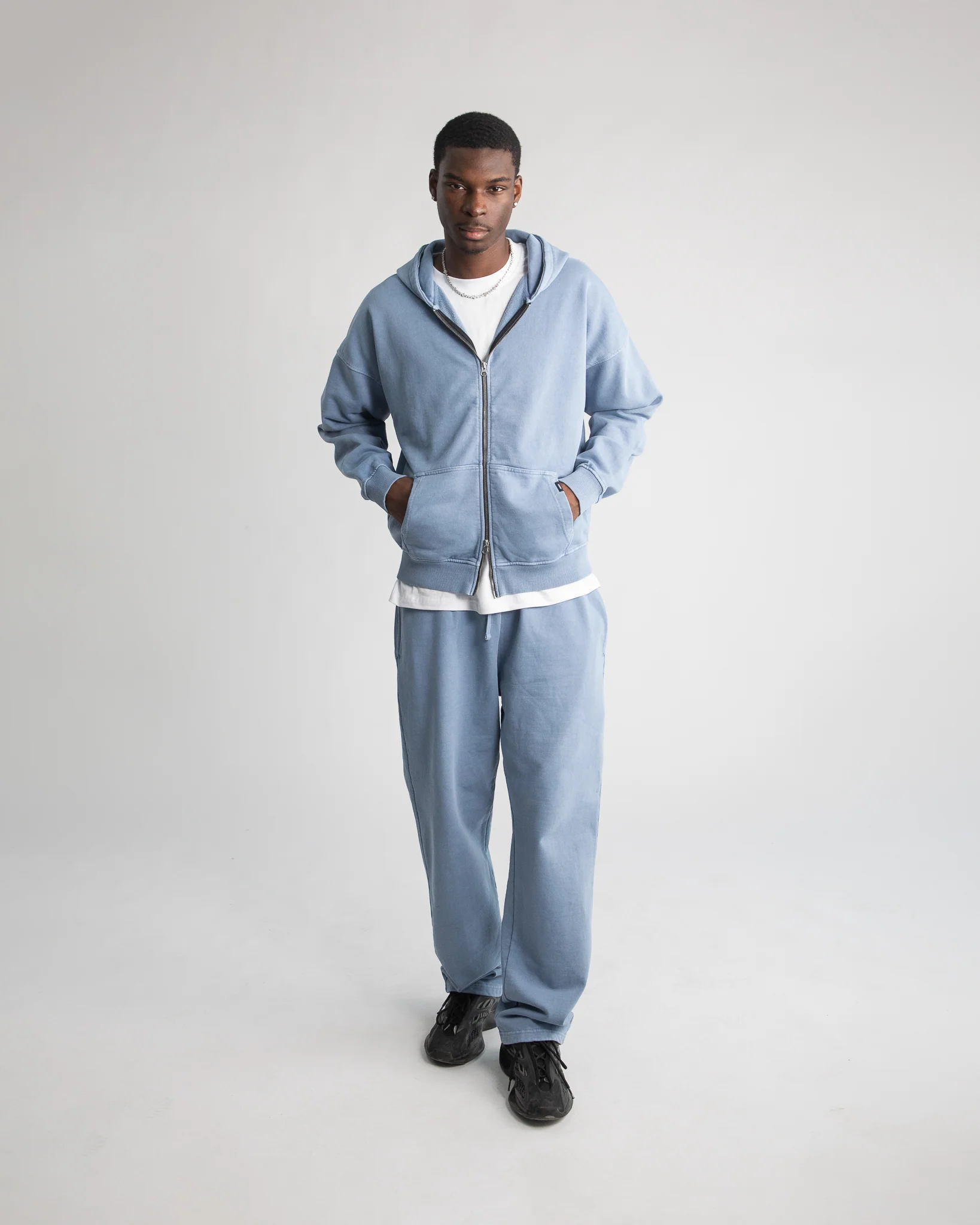 Drop Shoulder Zip Hoodie - Vintage Blue