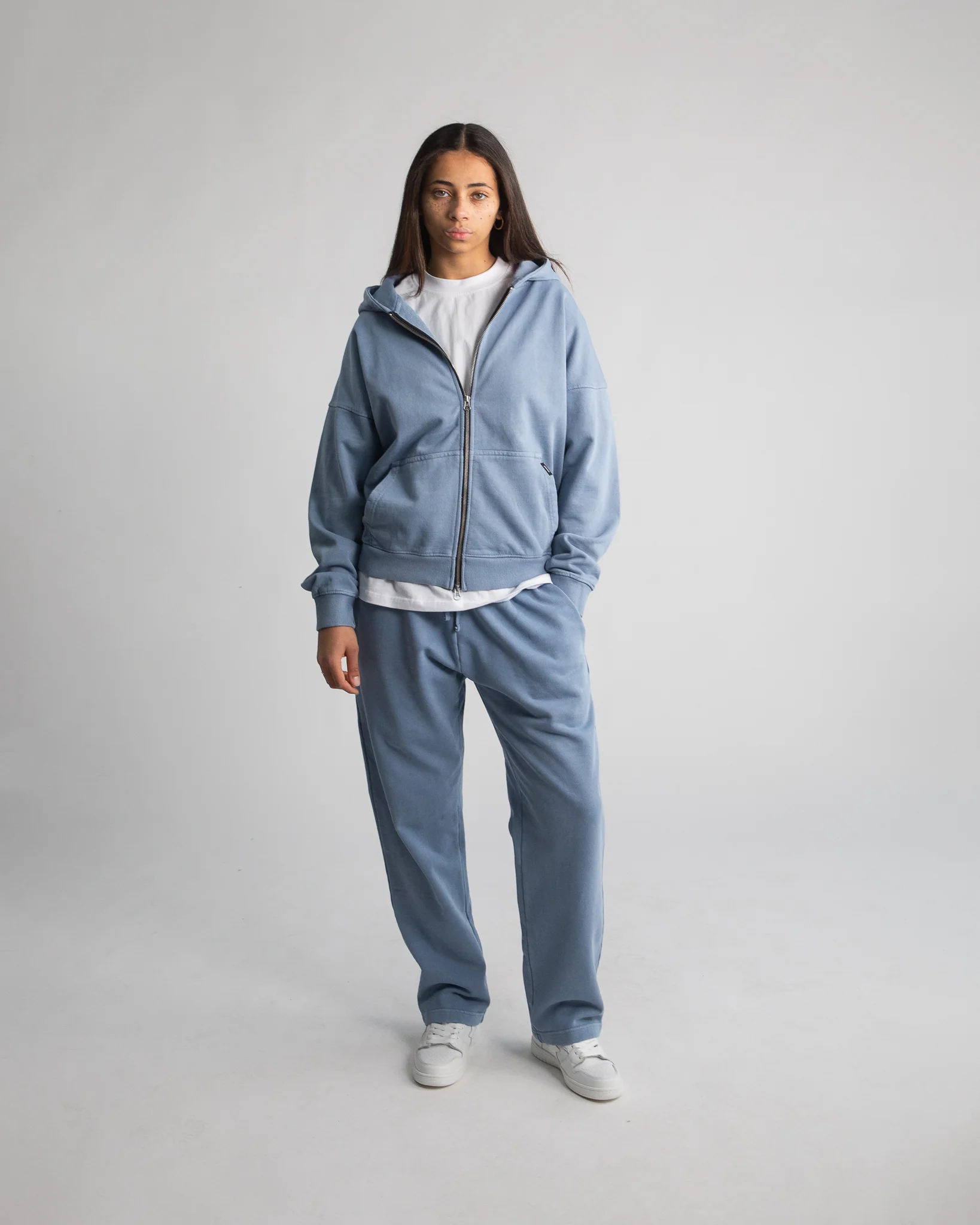 Drop Shoulder Zip Hoodie - Vintage Blue