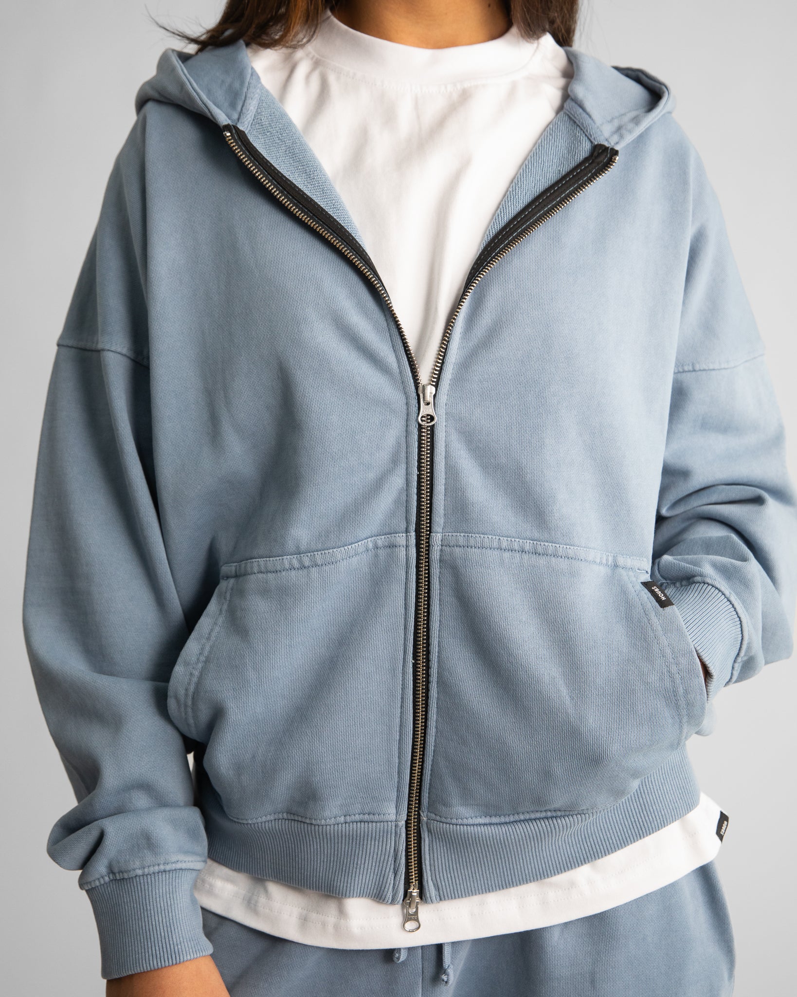 Drop Shoulder Zip Hoodie - Vintage Blue