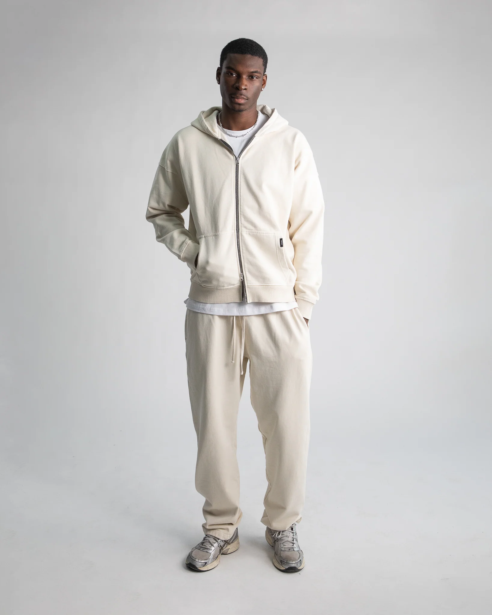 Drop Shoulder Zip Hoodie - Vintage Bone