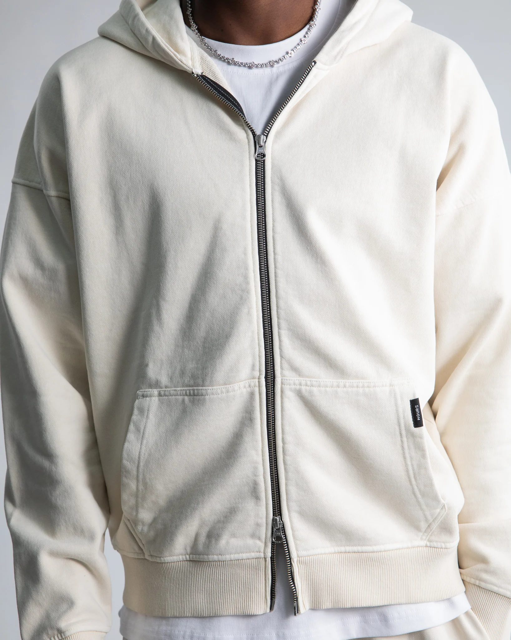 Drop Shoulder Zip Hoodie - Vintage Bone