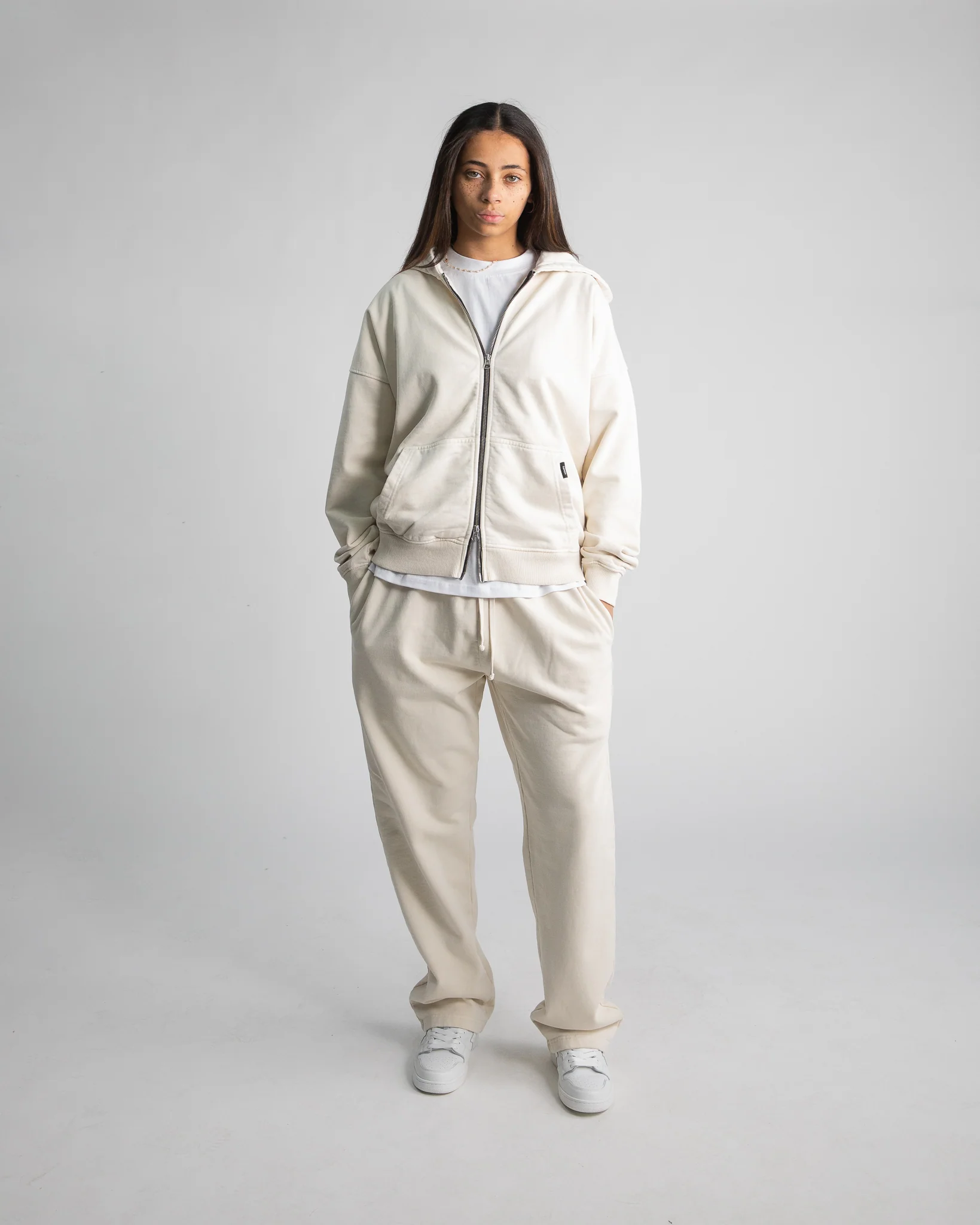 Drop Shoulder Zip Hoodie - Vintage Bone