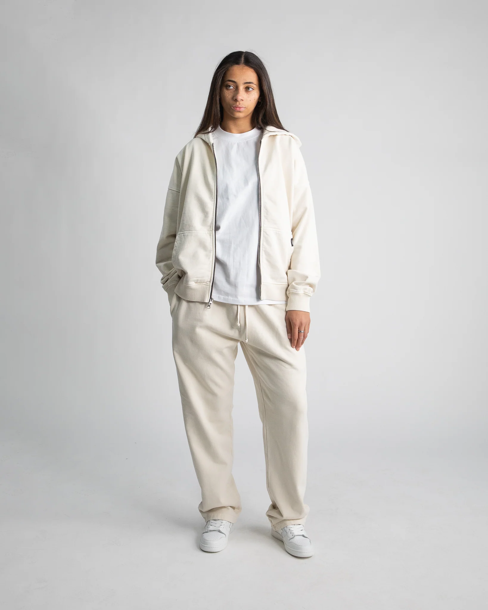 Drop Shoulder Zip Hoodie - Vintage Bone