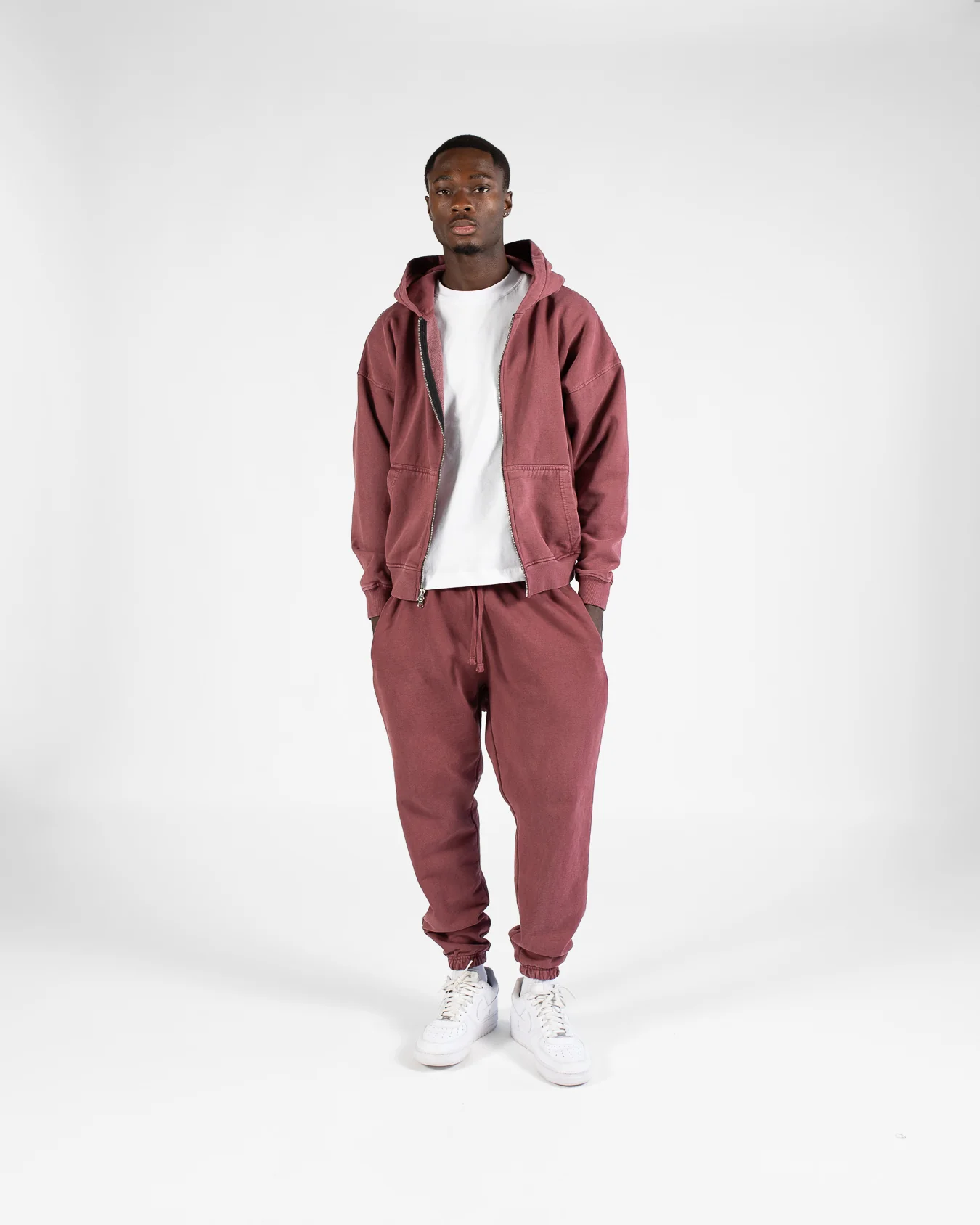 Drop Shoulder Zip Hoodie - Vintage Burgundy