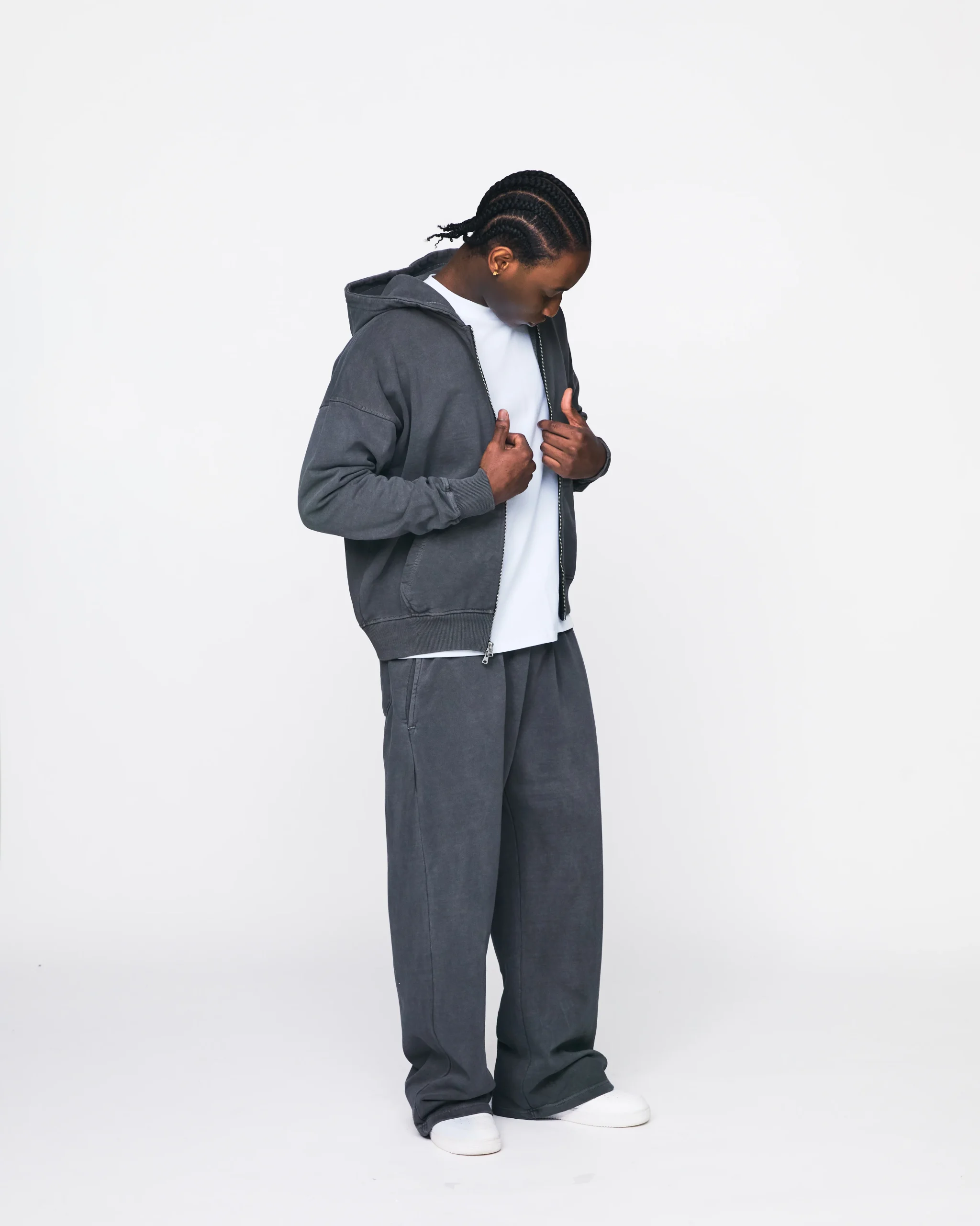 Drop Shoulder Zip Hoodie - Vintage Grey