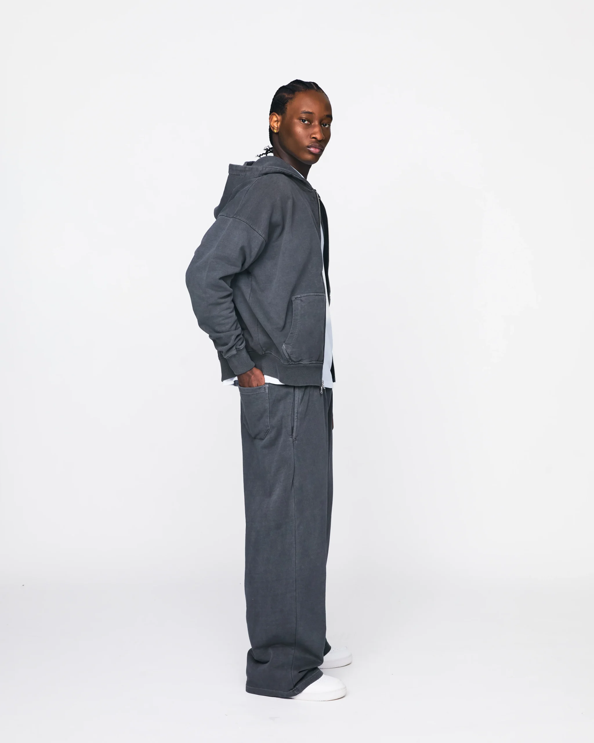 Drop Shoulder Zip Hoodie - Vintage Grey