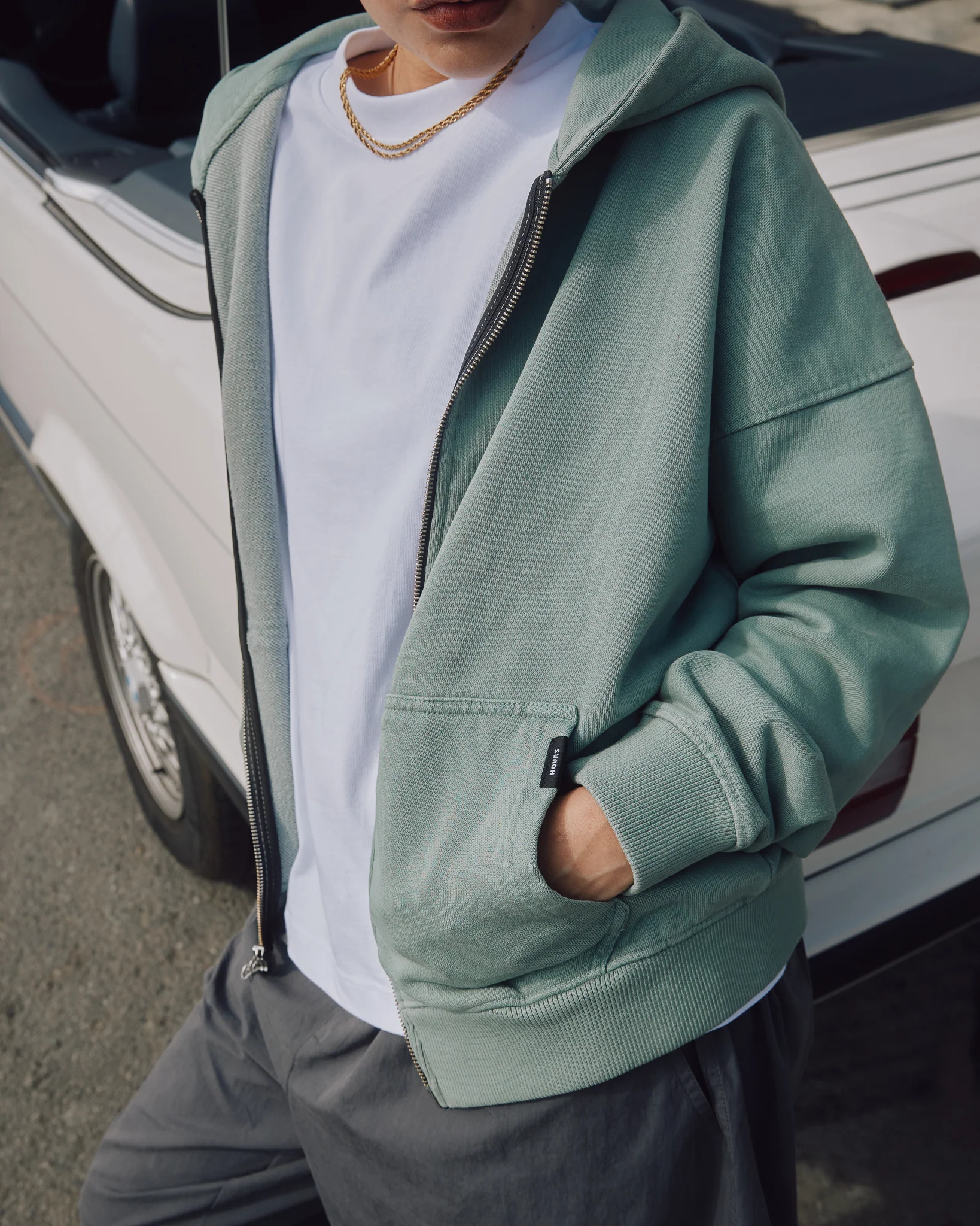 Drop Shoulder Zip Hoodie - Vintage Sage