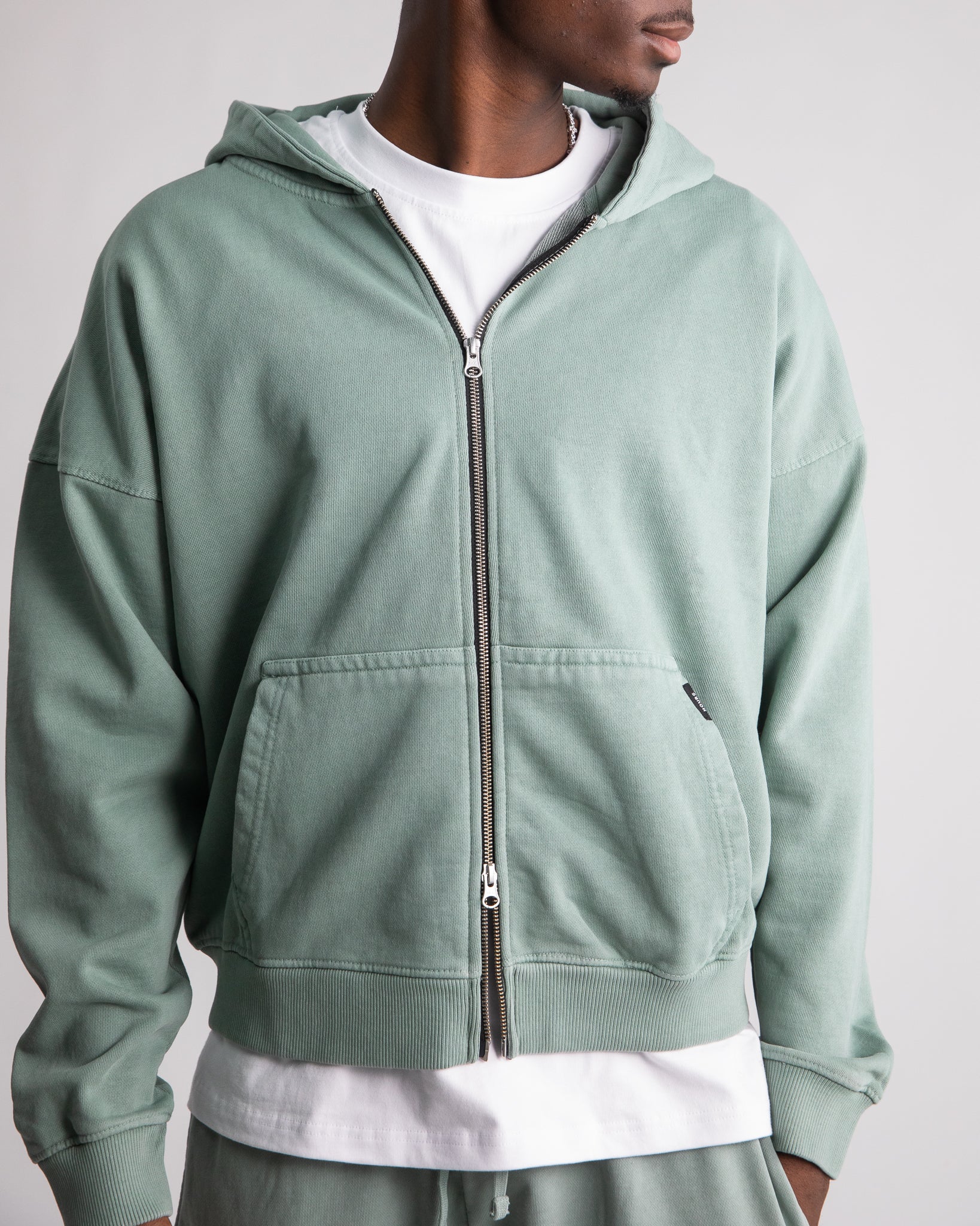 Drop Shoulder Zip Hoodie - Vintage Sage