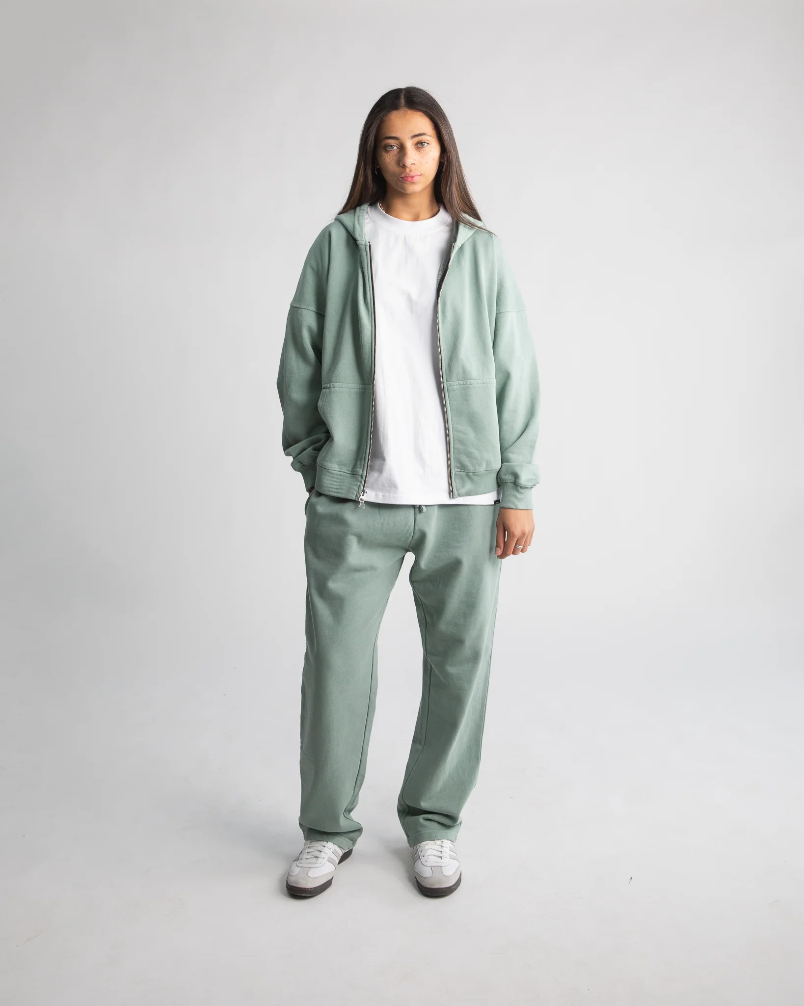 Drop Shoulder Zip Hoodie - Vintage Sage