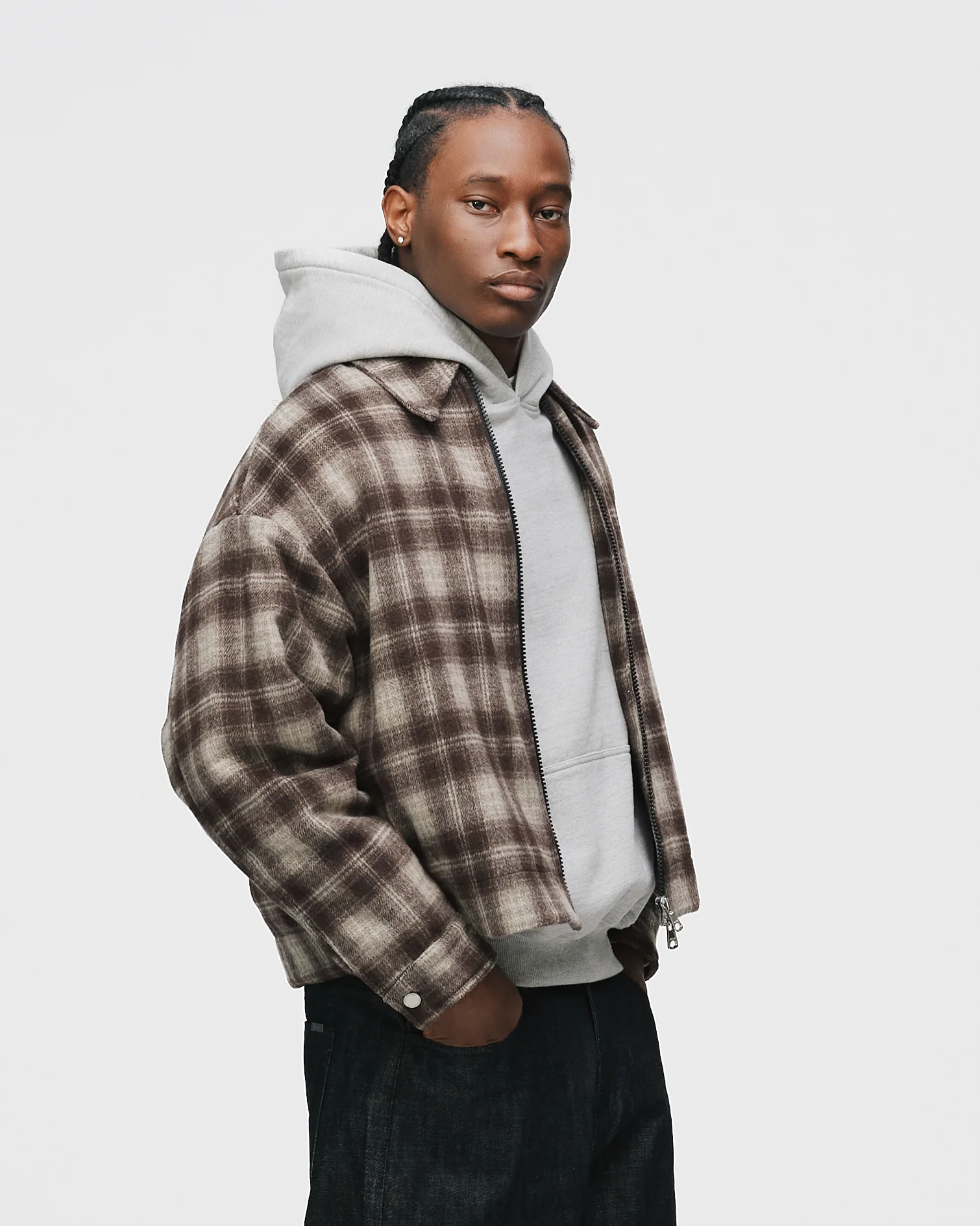 Flannel Zip Overshirt - Brown