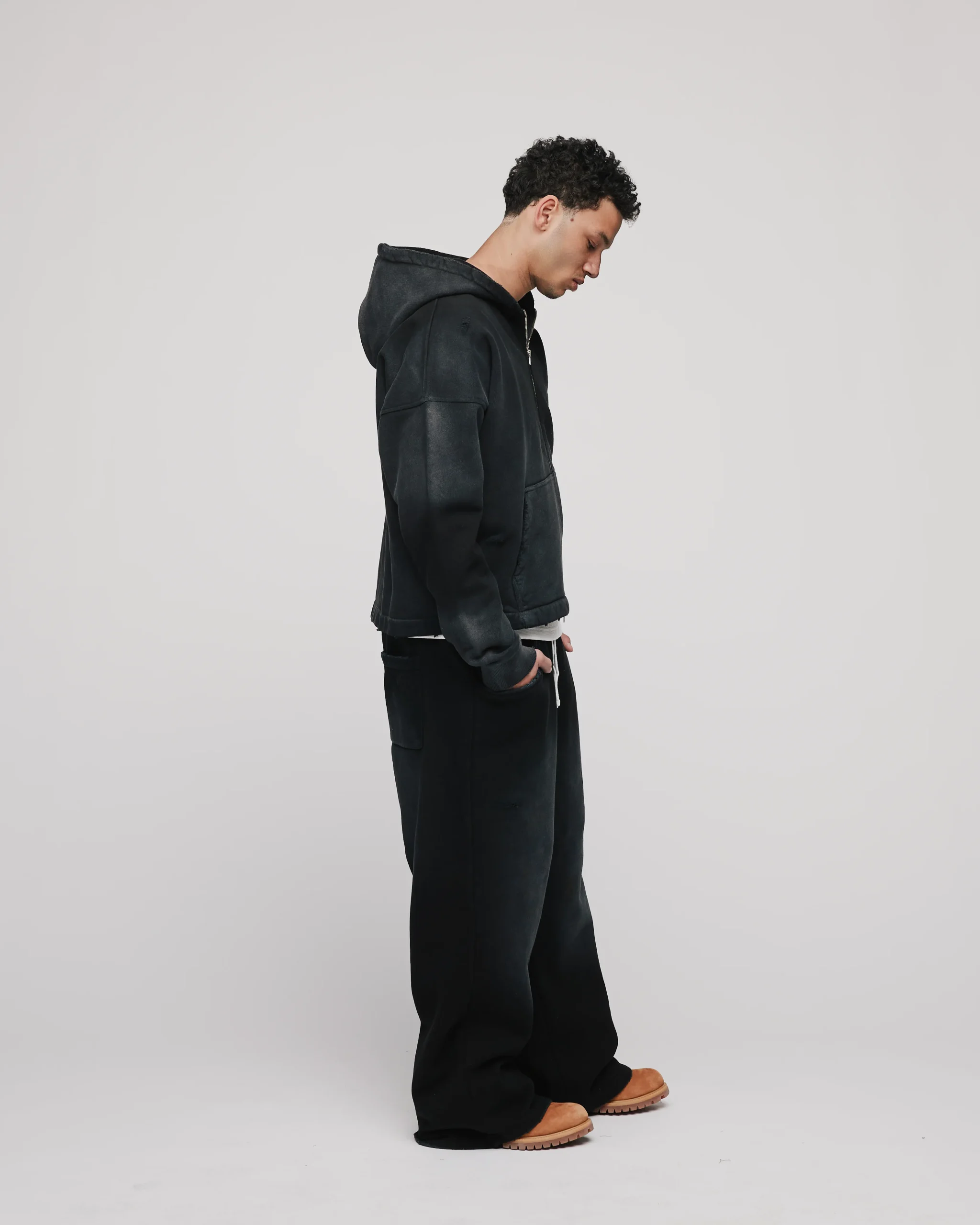 Cropped Zip Hoodie - Sunfaded Black